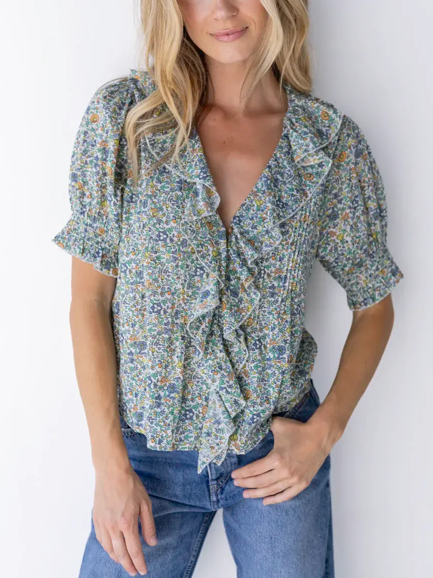 [Copy]Lace Trim Striped Puff Sleeve Blouse Top
