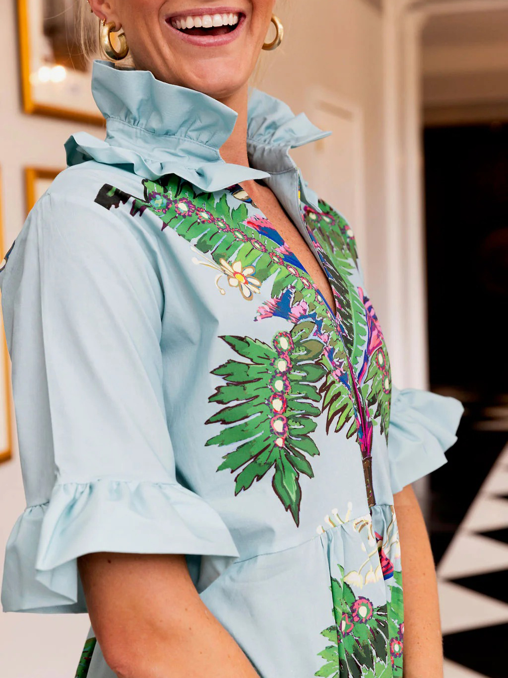 Tropical Palm Tree Print Ruffle Sleeve Resort Maxi Dress