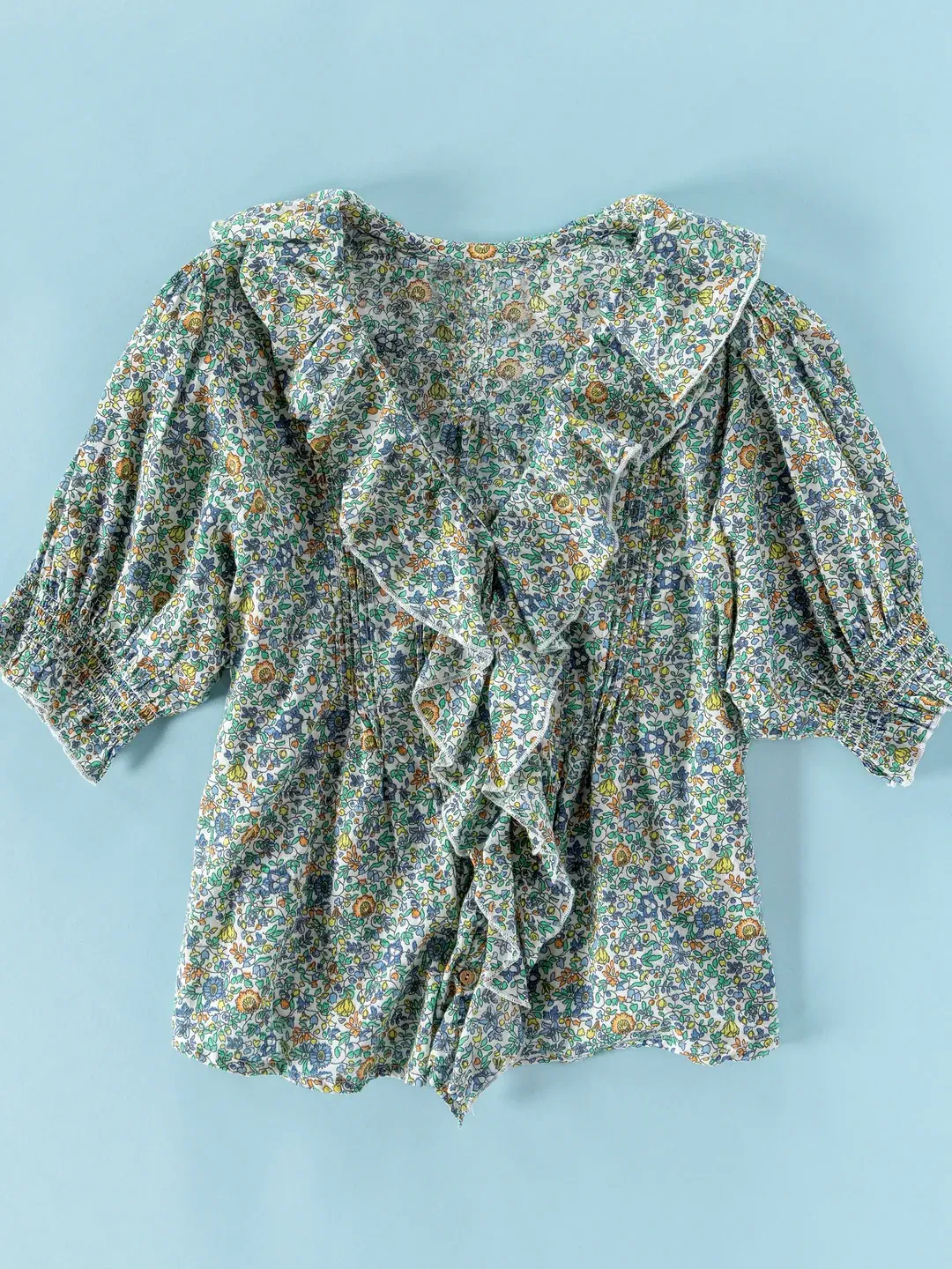 [Copy]Lace Trim Striped Puff Sleeve Blouse Top