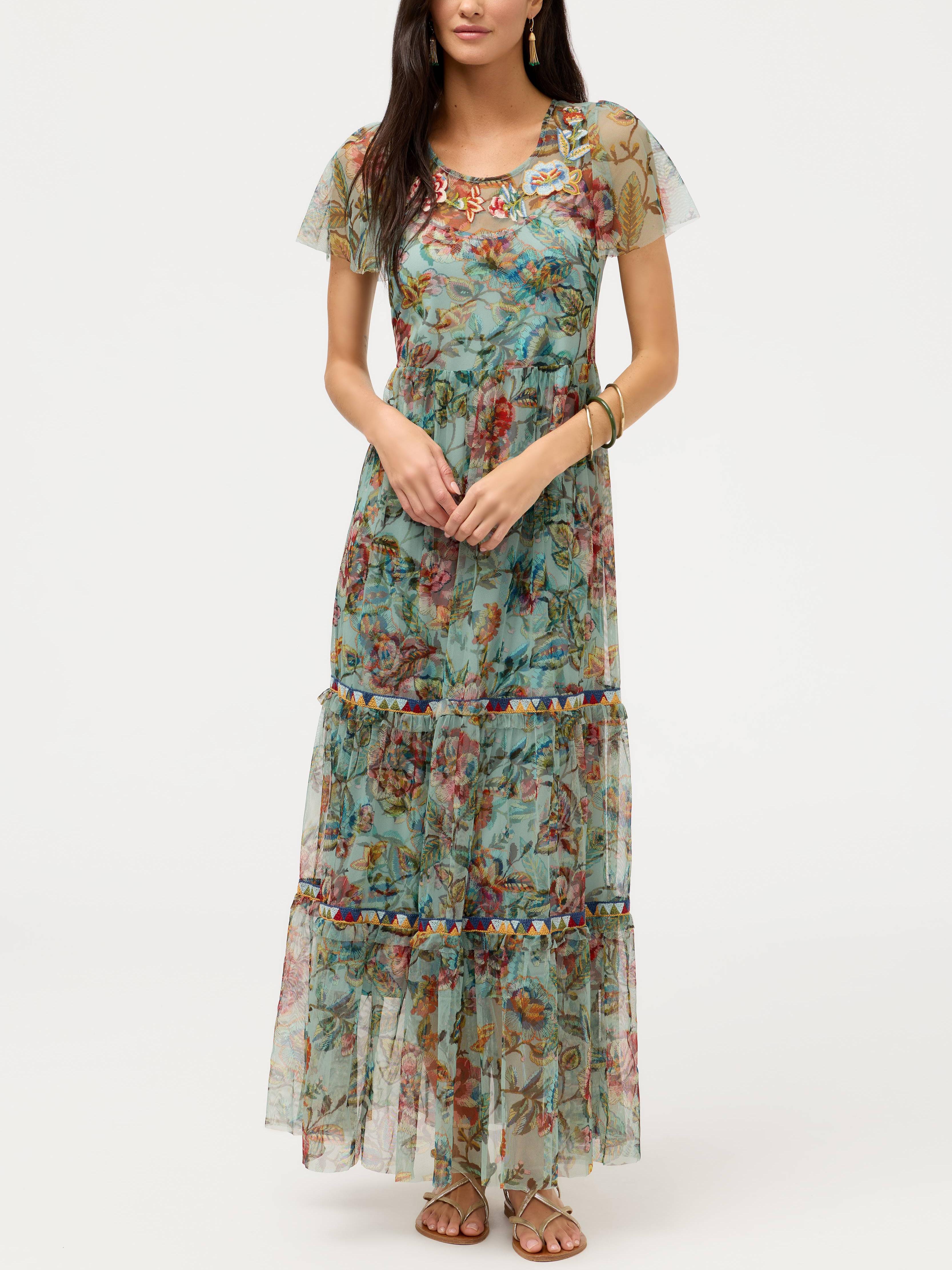 Boho Floral Embroidered Tiered Mesh Maxi Dress