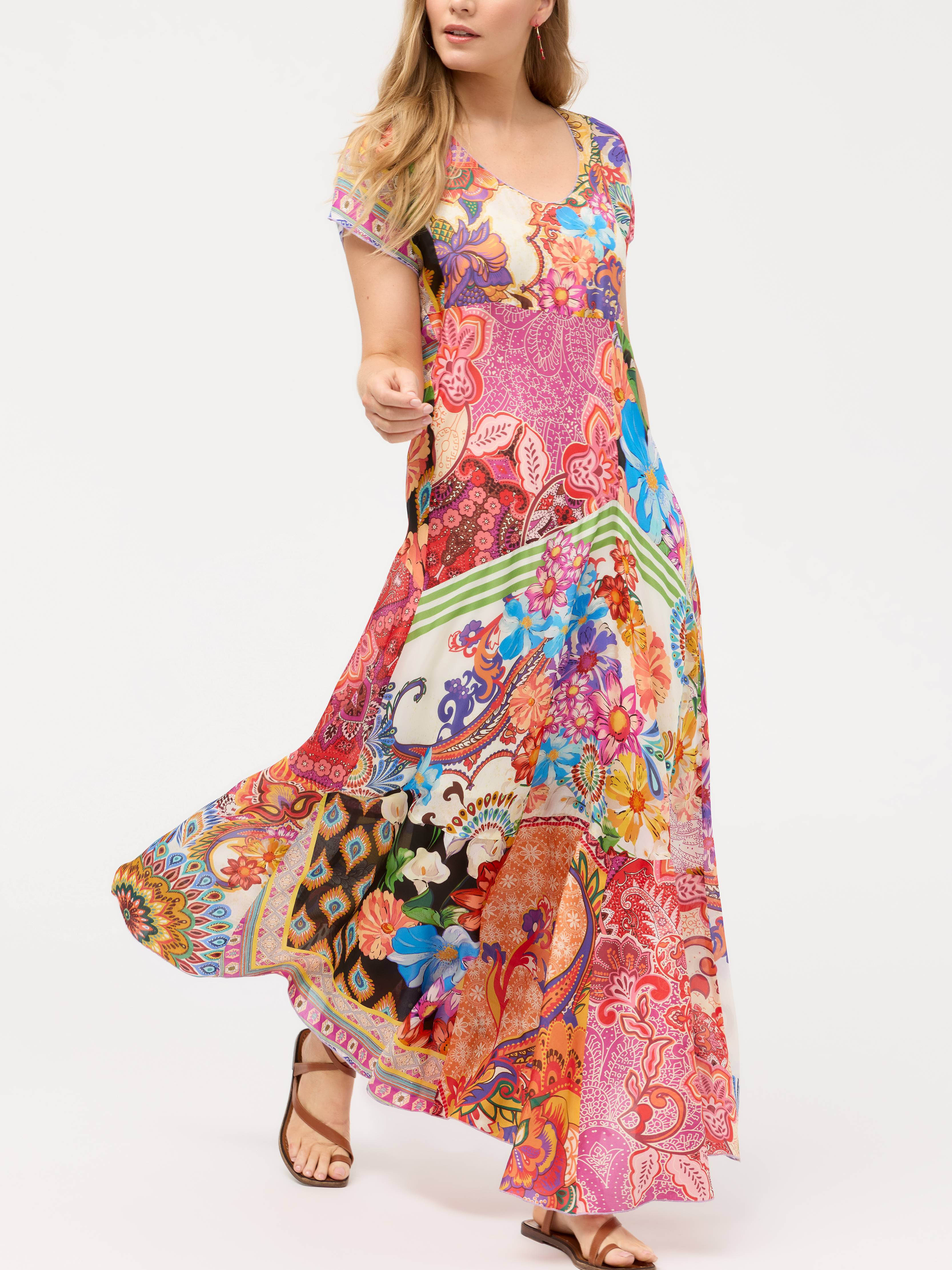 Boho Patchwork Print V-Neck Flutter Sleeve Maxi Dress