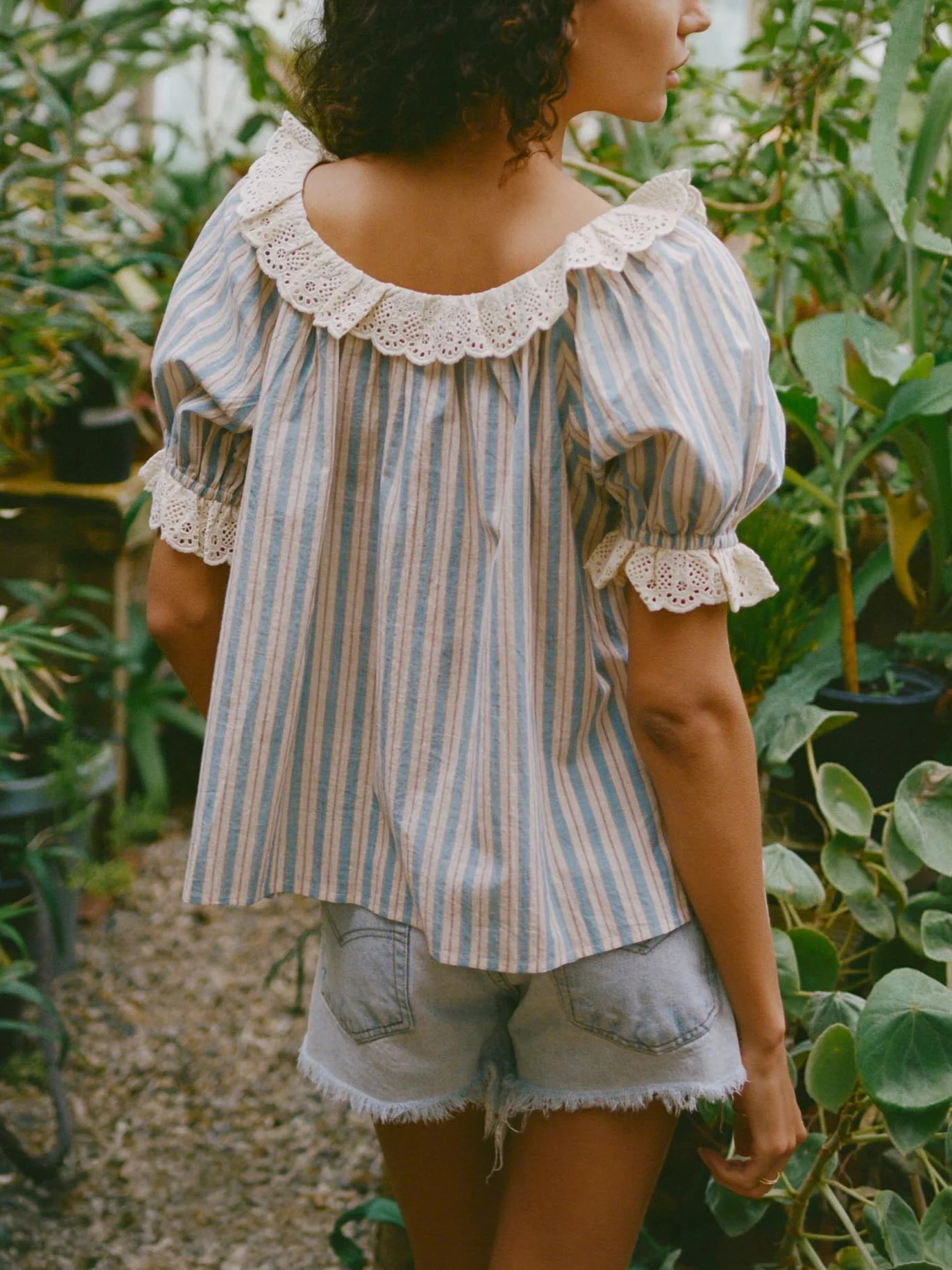 Lace Trim Striped Puff Sleeve Blouse Top