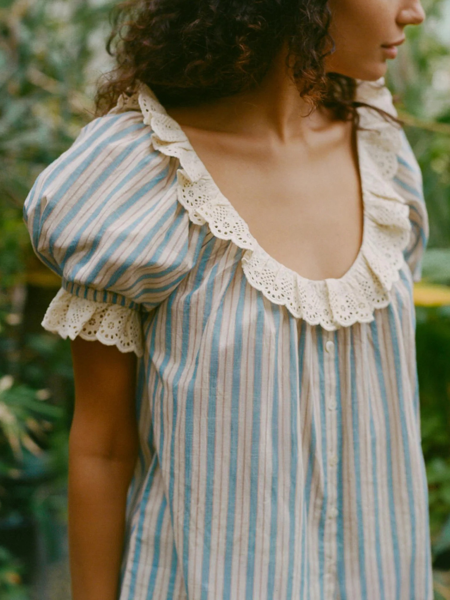 Lace Trim Striped Puff Sleeve Blouse Top