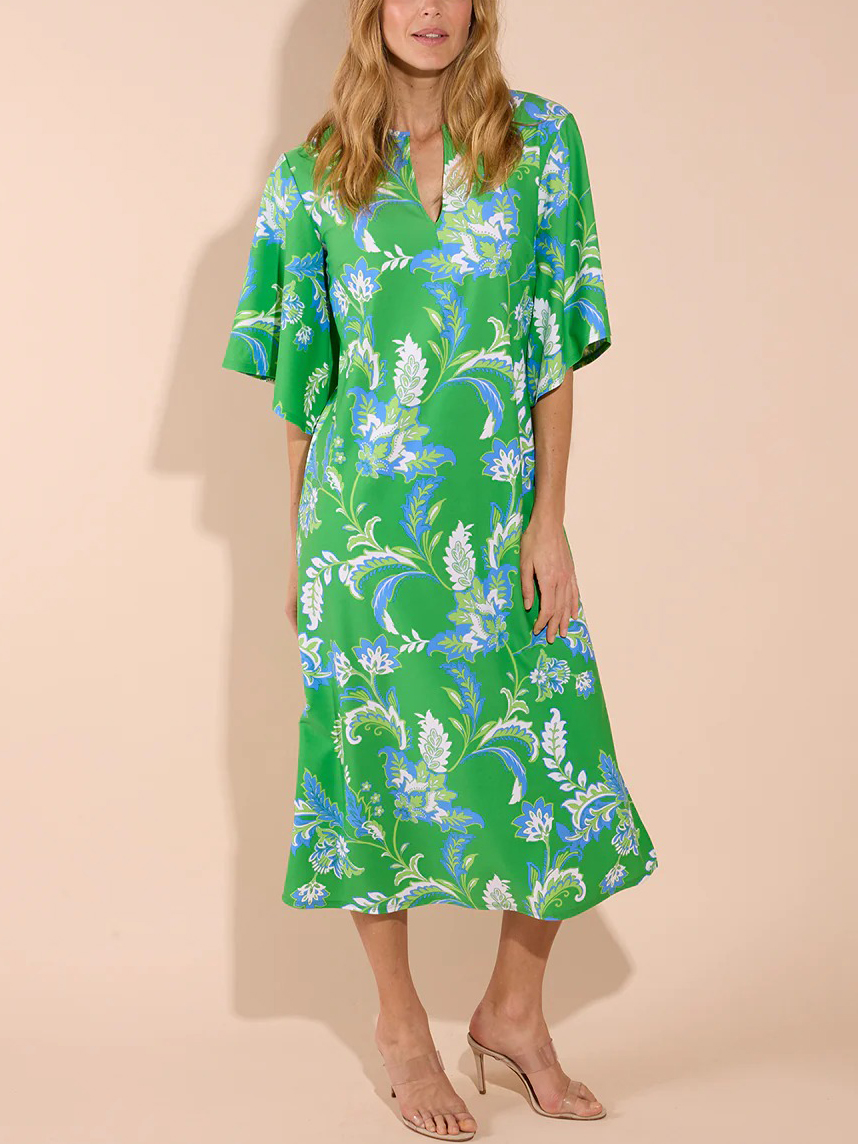 Tropical Paisley Print Flare Sleeve Split Neck Midi Dress