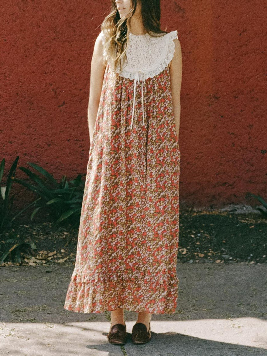 Vintage Floral Boho Lace Sleeveless Maxi Dress