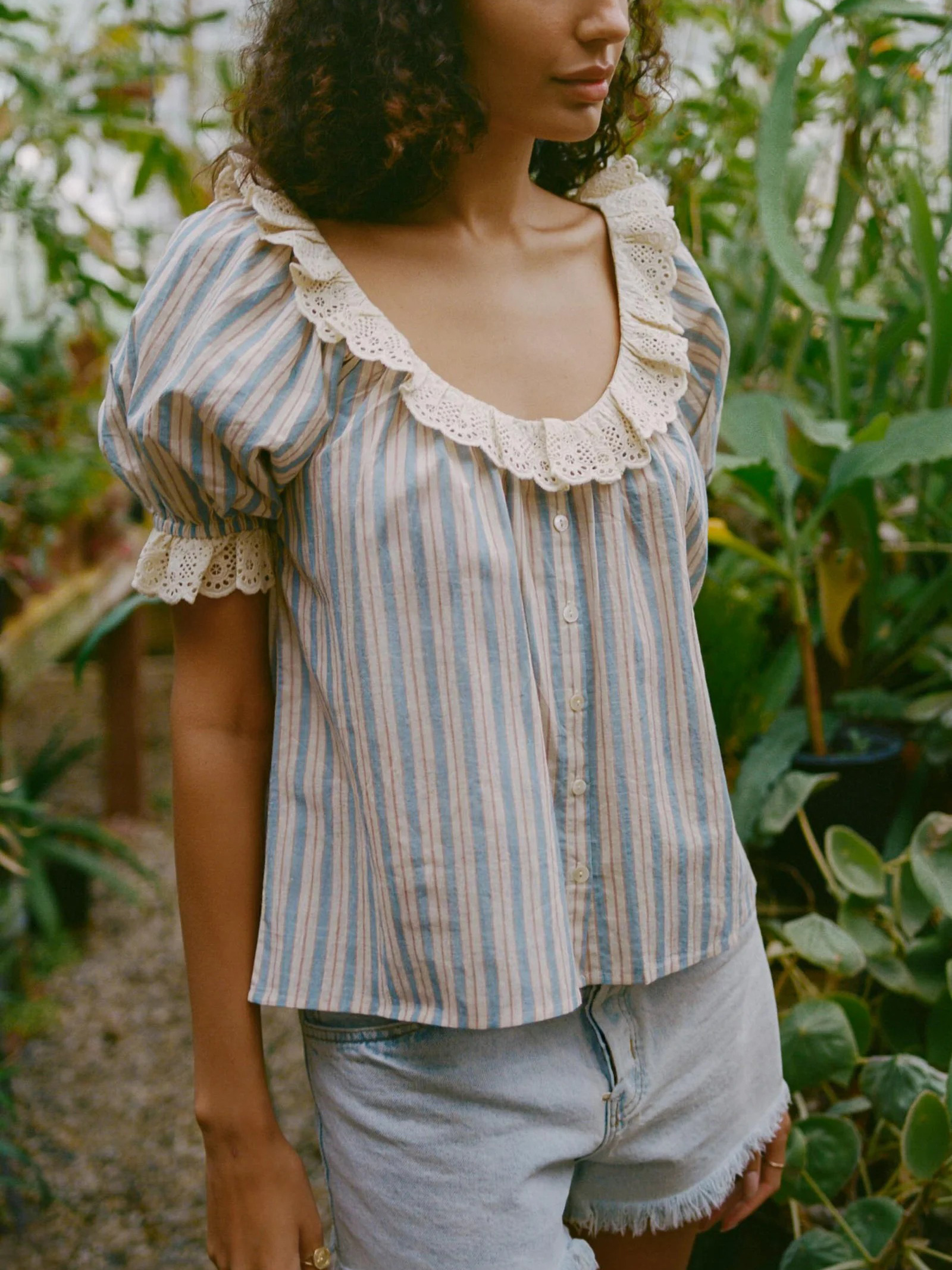 Lace Trim Striped Puff Sleeve Blouse Top
