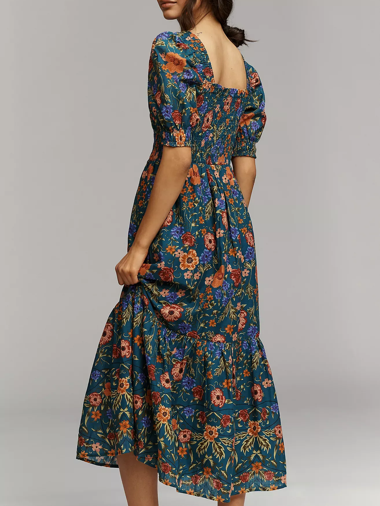 Boho Floral Print Smocked Puff Sleeve Midi Dress