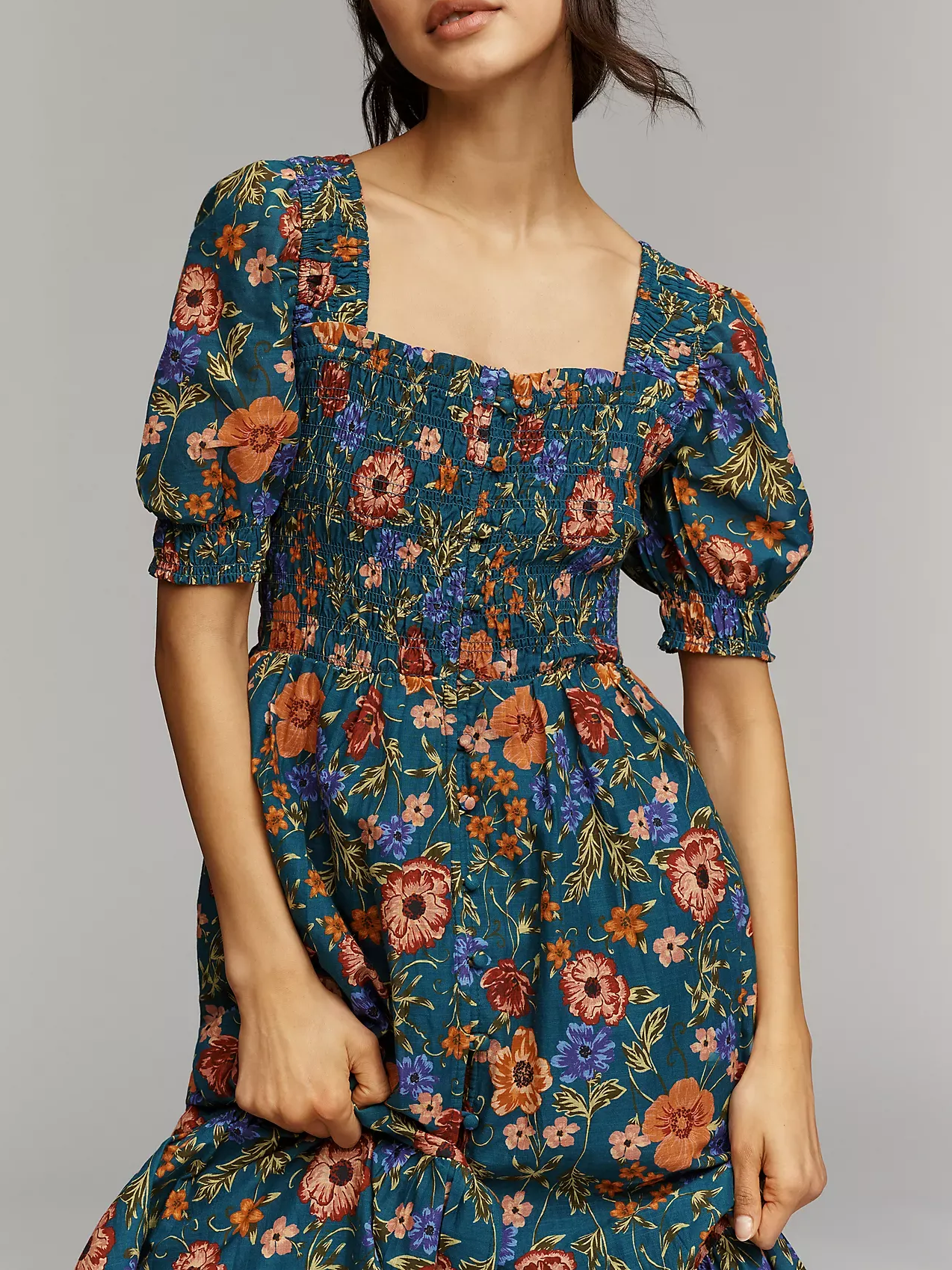 Boho Floral Print Smocked Puff Sleeve Midi Dress