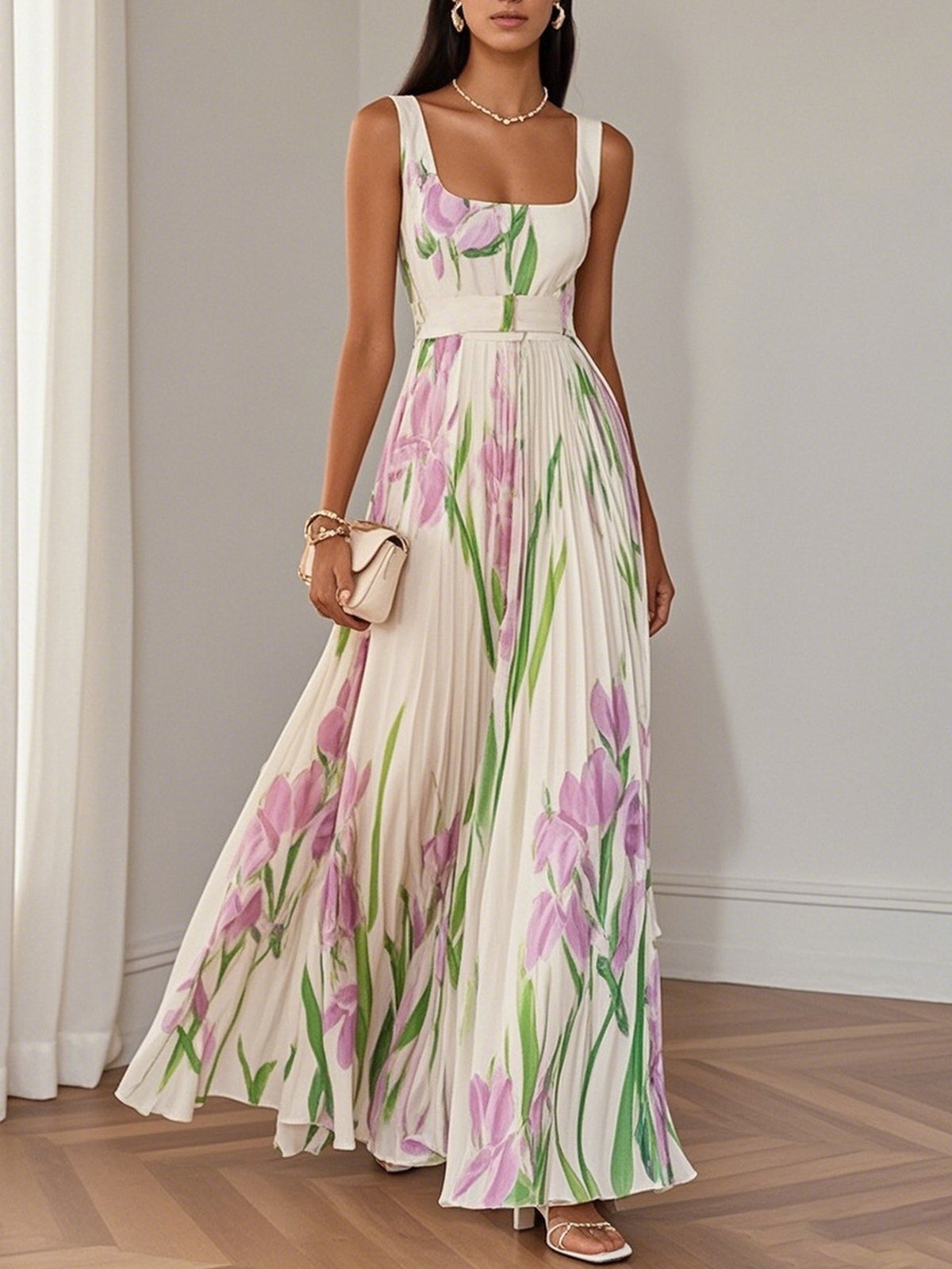 Square Neck Purple Iris Print Pleated Maxi Dress