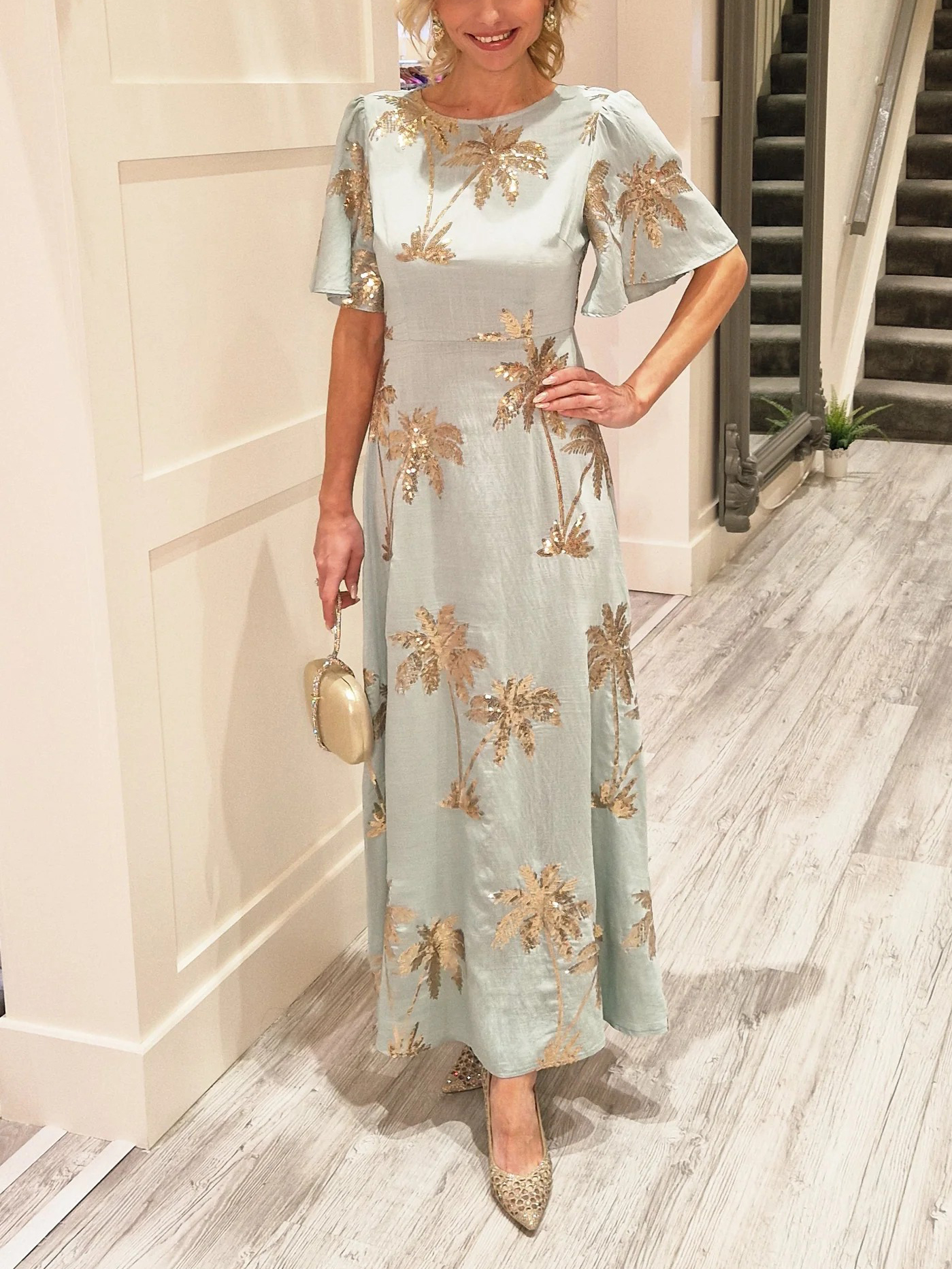 Sequin Palm Tree Print Flutter Sleeve Maxi Dress