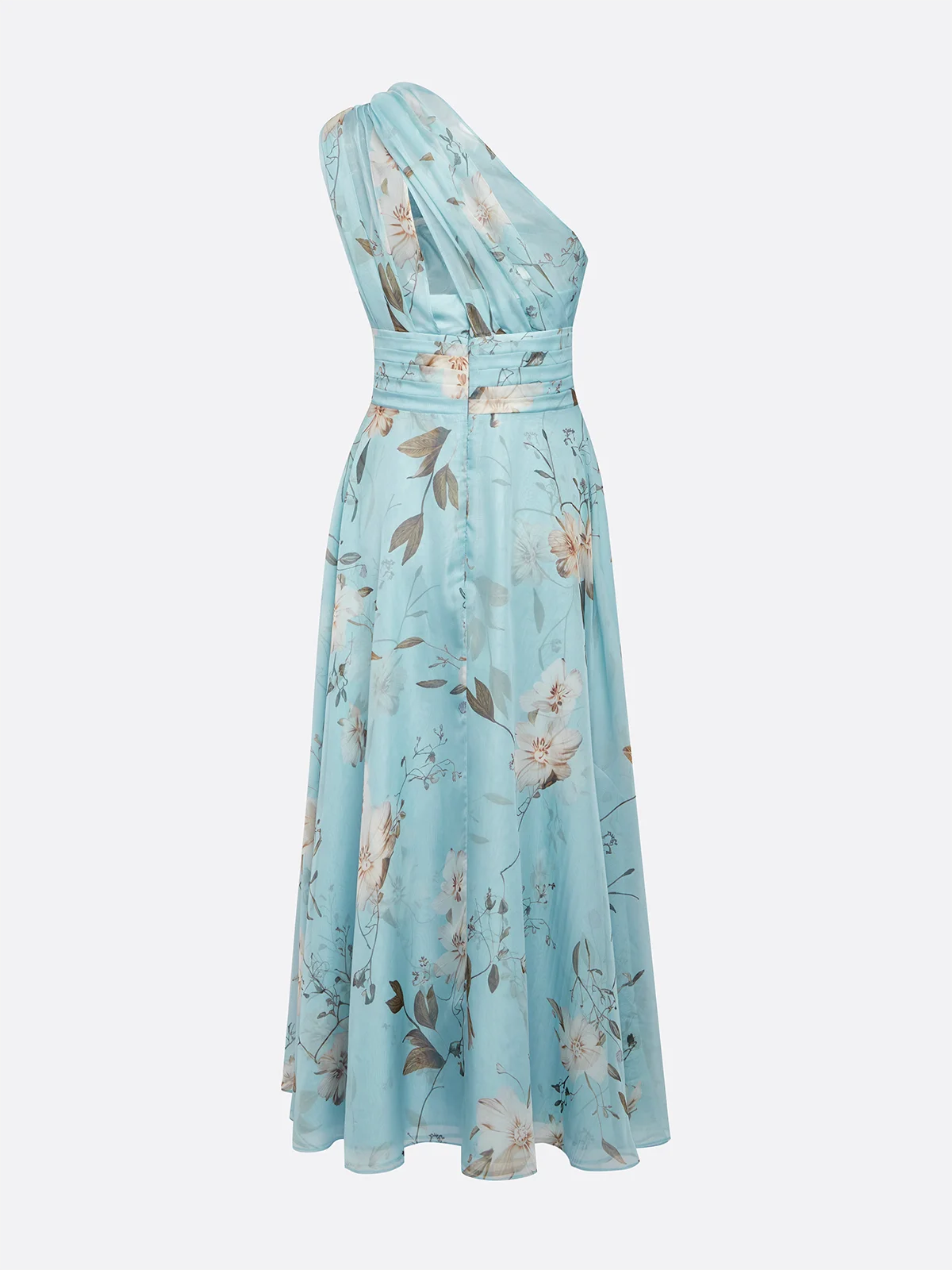 Floral Ruched Chiffon One Shoulder Sleeveless A-Line Maxi Dress