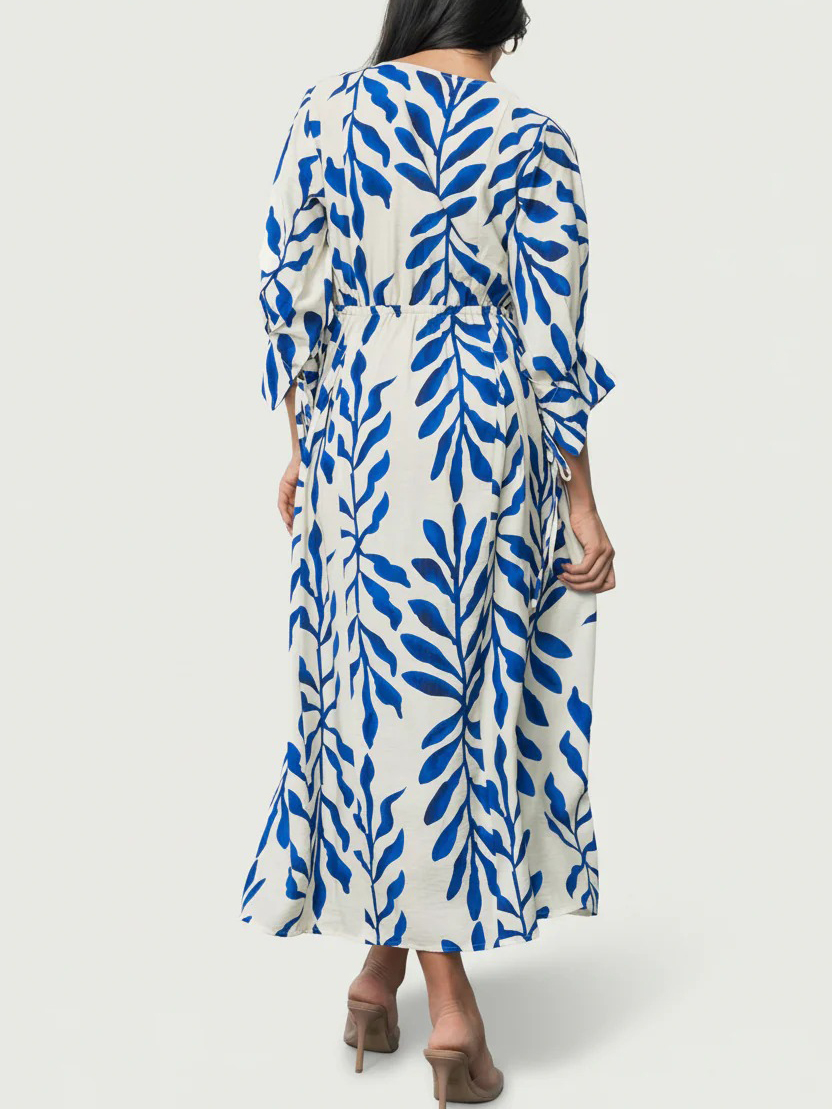 Vacation Cobalt Print V-neckline Midi Dress