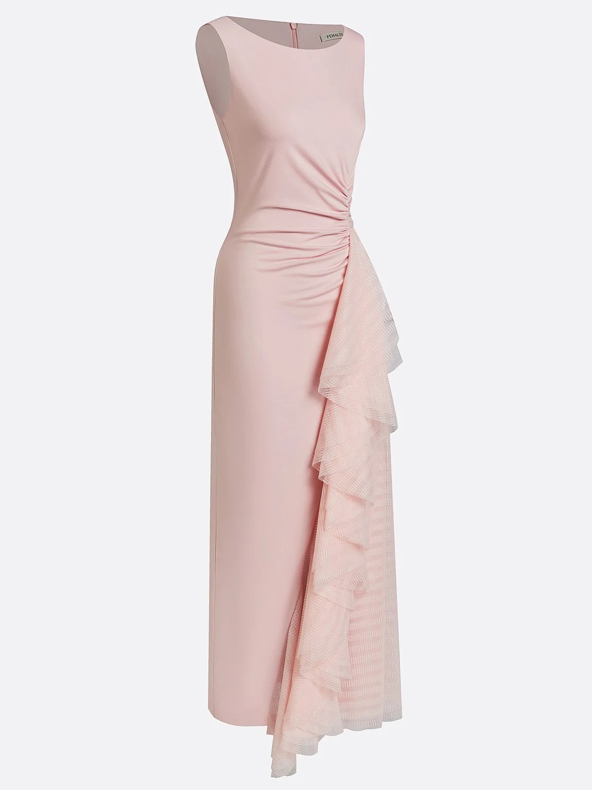 Mesh Ruched Knit Sleeveless Boat Neck Sheath Maxi Dress