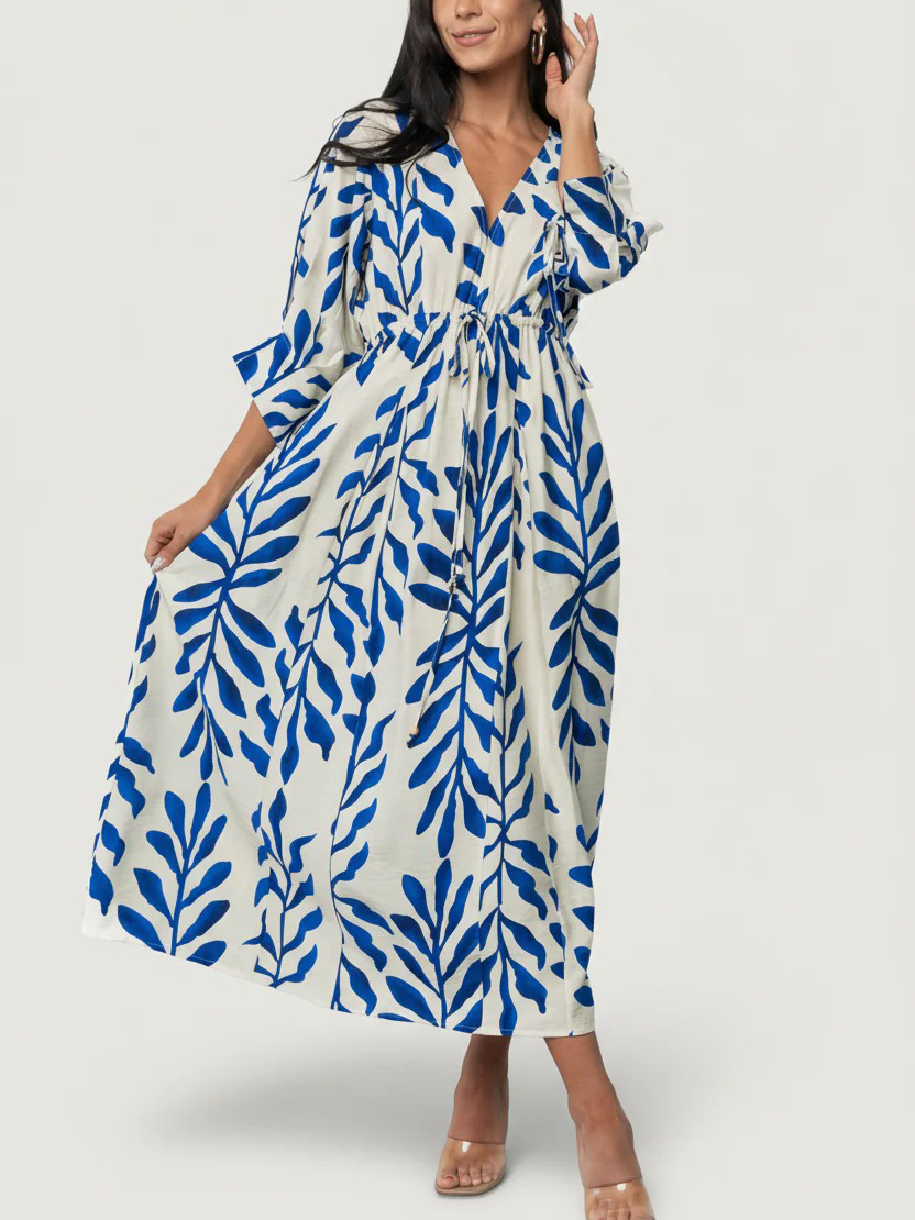 Vacation Cobalt Print V-neckline Midi Dress
