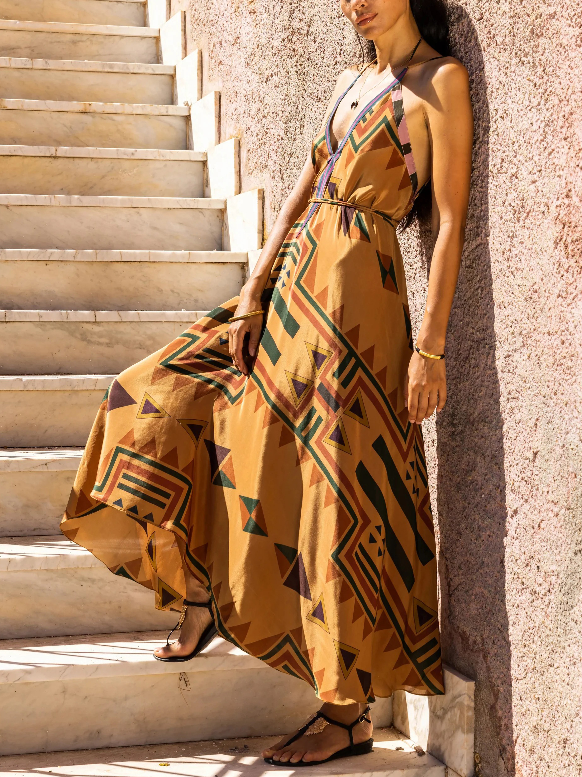 Boho Tribal Geometric Print Halter Maxi Dress –Vacation Sundress