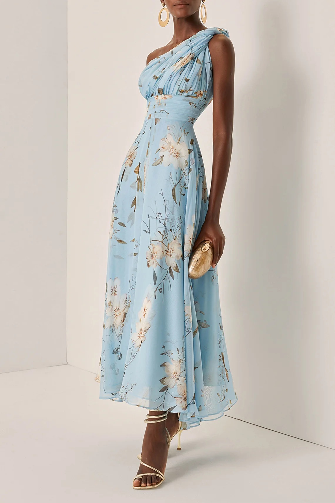 Floral Ruched Chiffon One Shoulder Sleeveless A-Line Maxi Dress