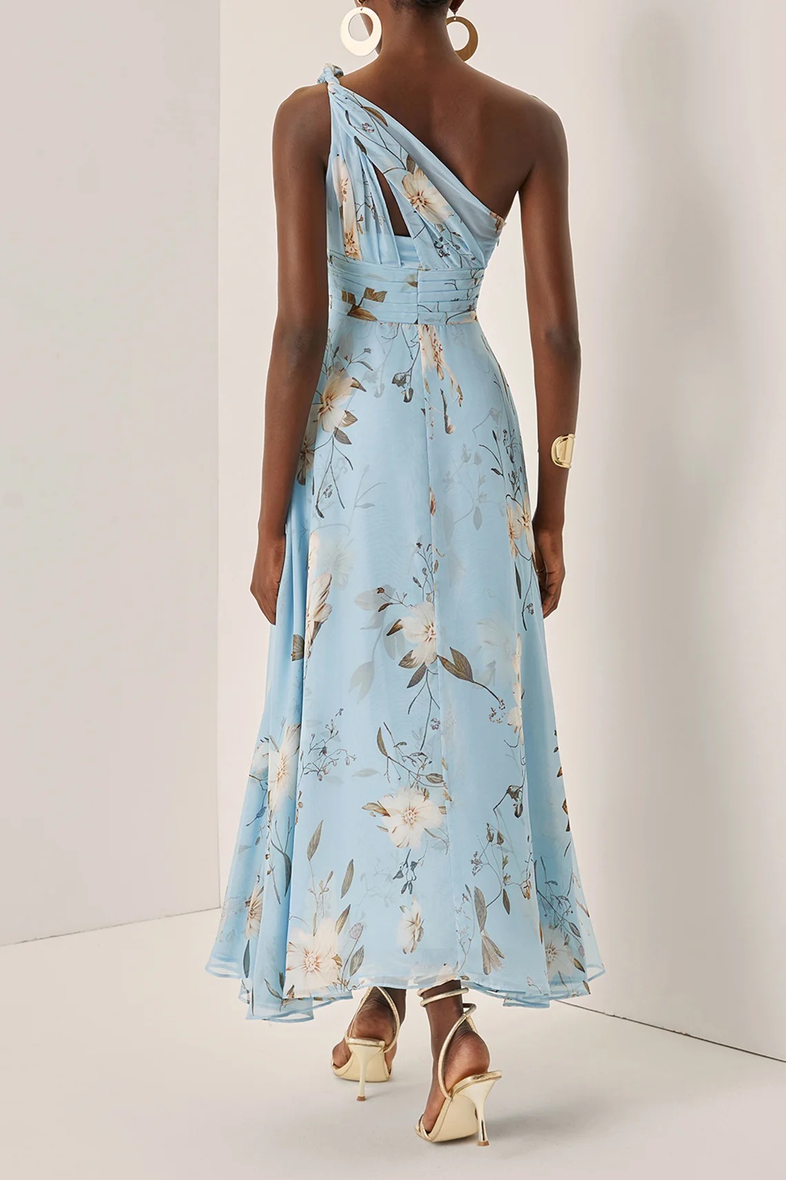 Floral Ruched Chiffon One Shoulder Sleeveless A-Line Maxi Dress