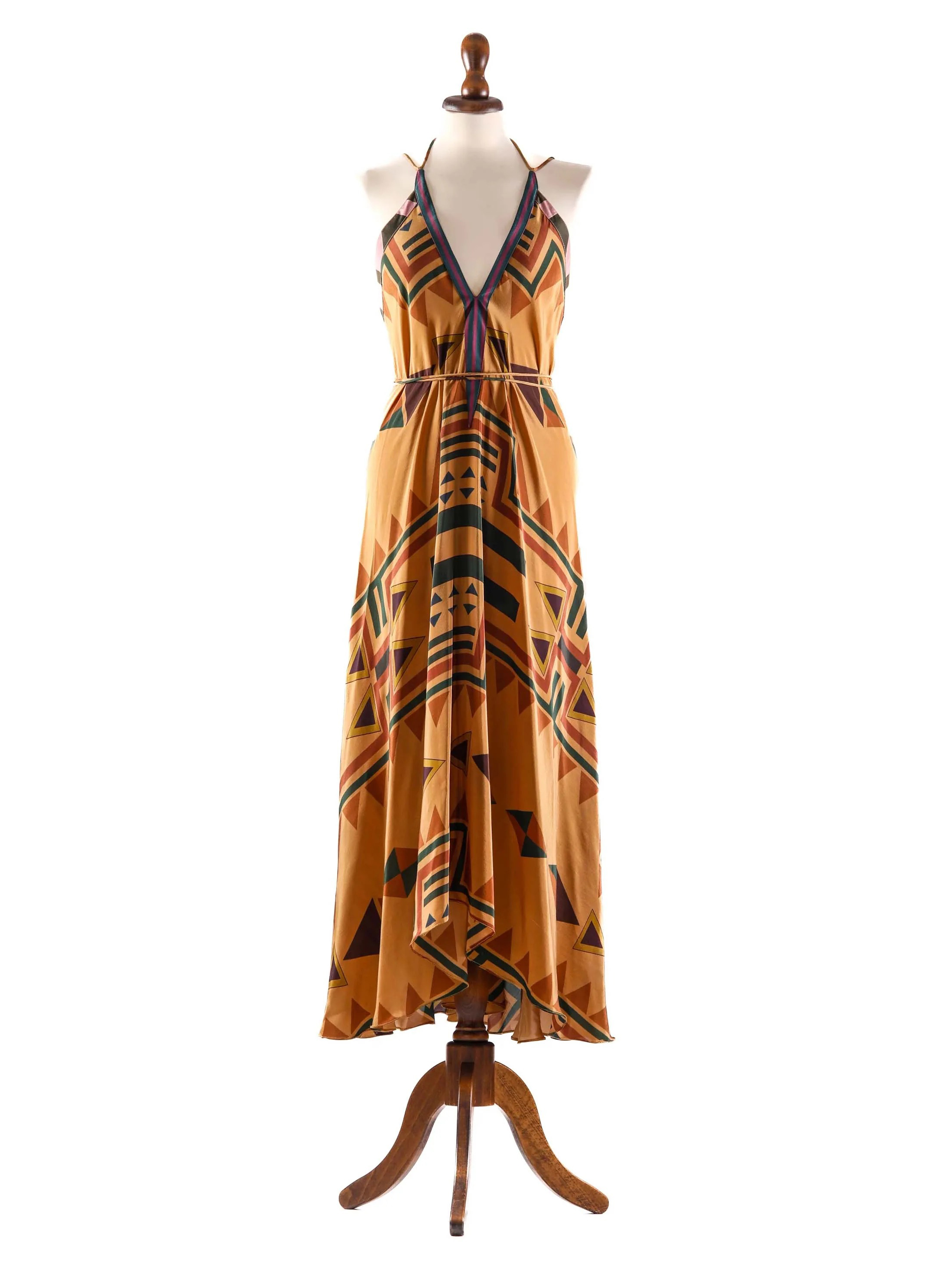 Boho Tribal Geometric Print Halter Maxi Dress –Vacation Sundress