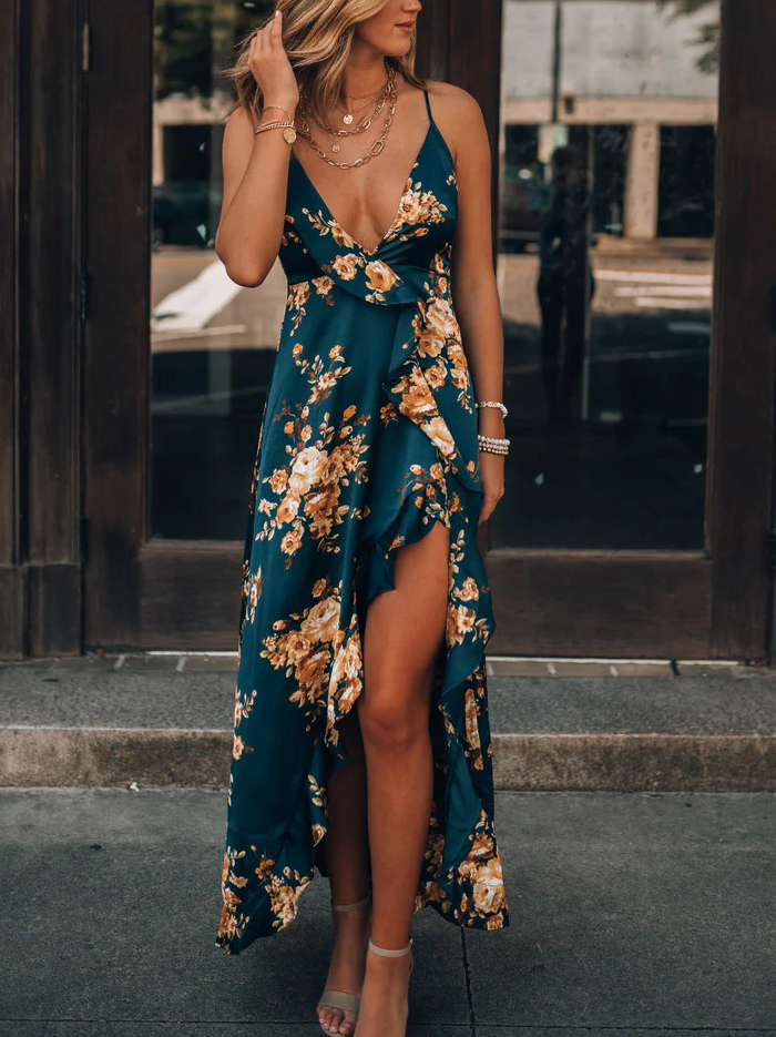 Satin Floral Ruffle V-Neck Strap Wrap High Slit Maxi Dress