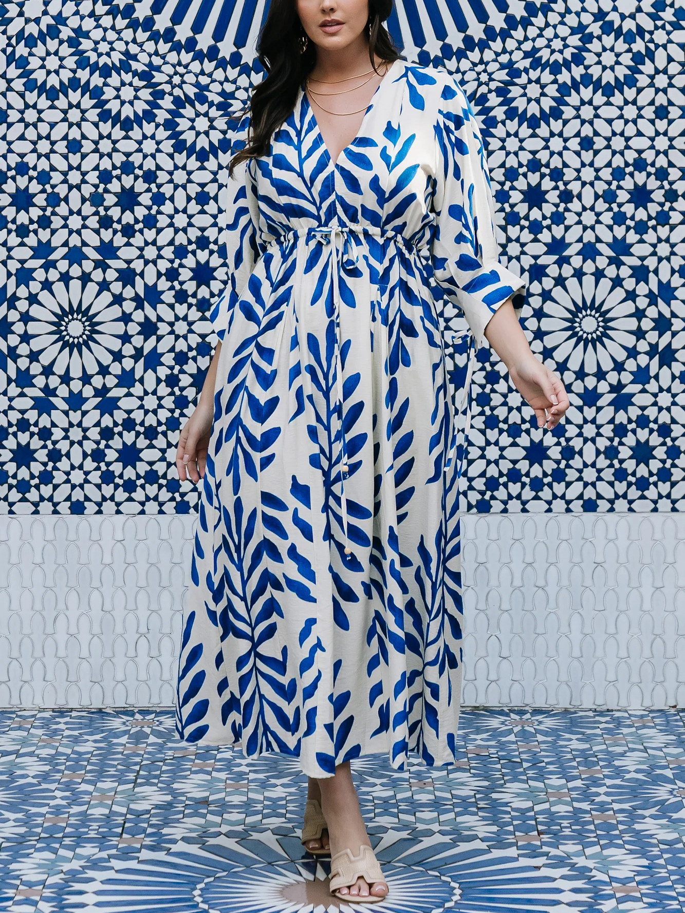 Vacation Cobalt Print V-neckline Midi Dress