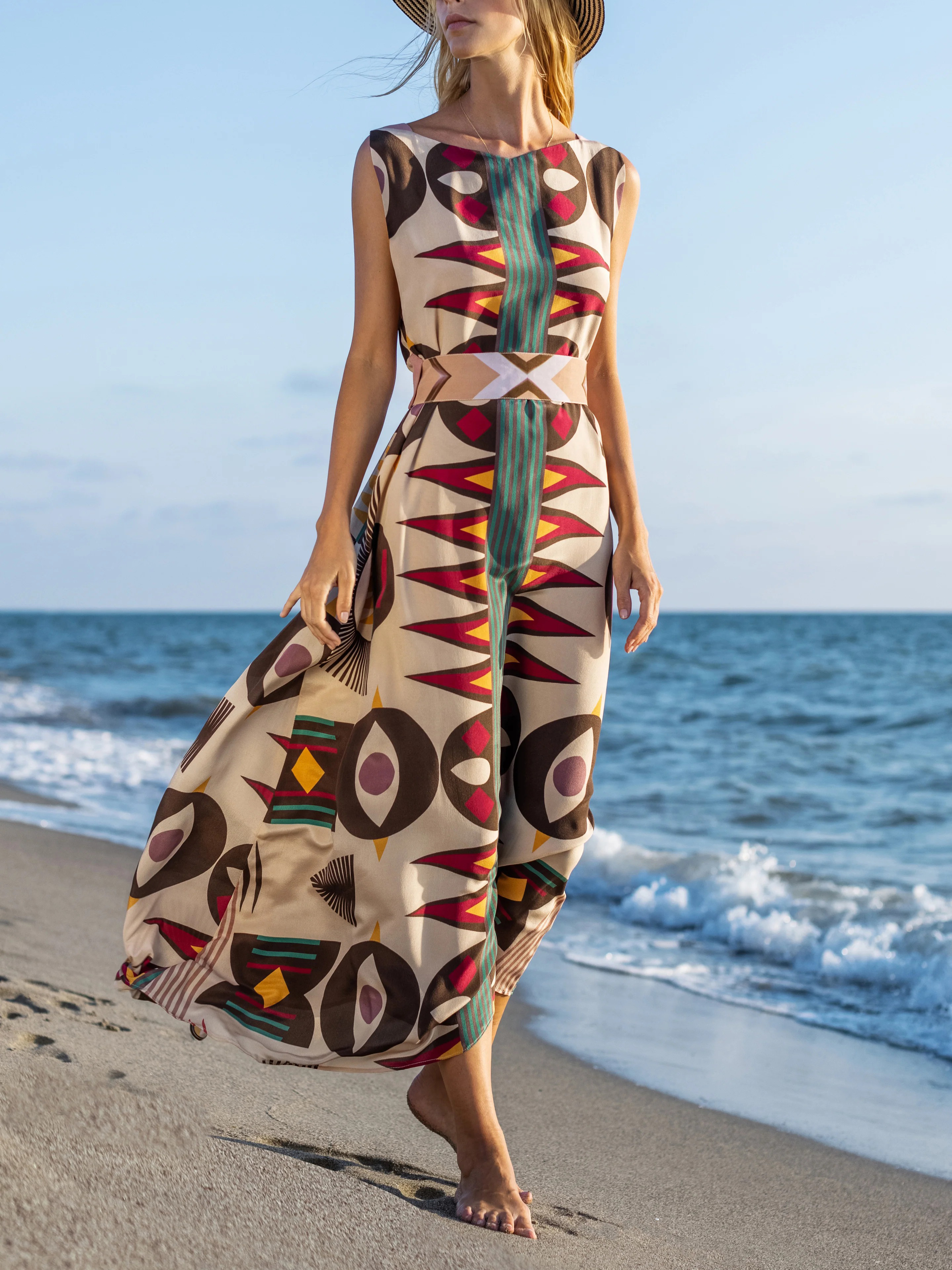 Boho Geometric Eye Print V-Back Sleeveless Flowy Maxi Dress