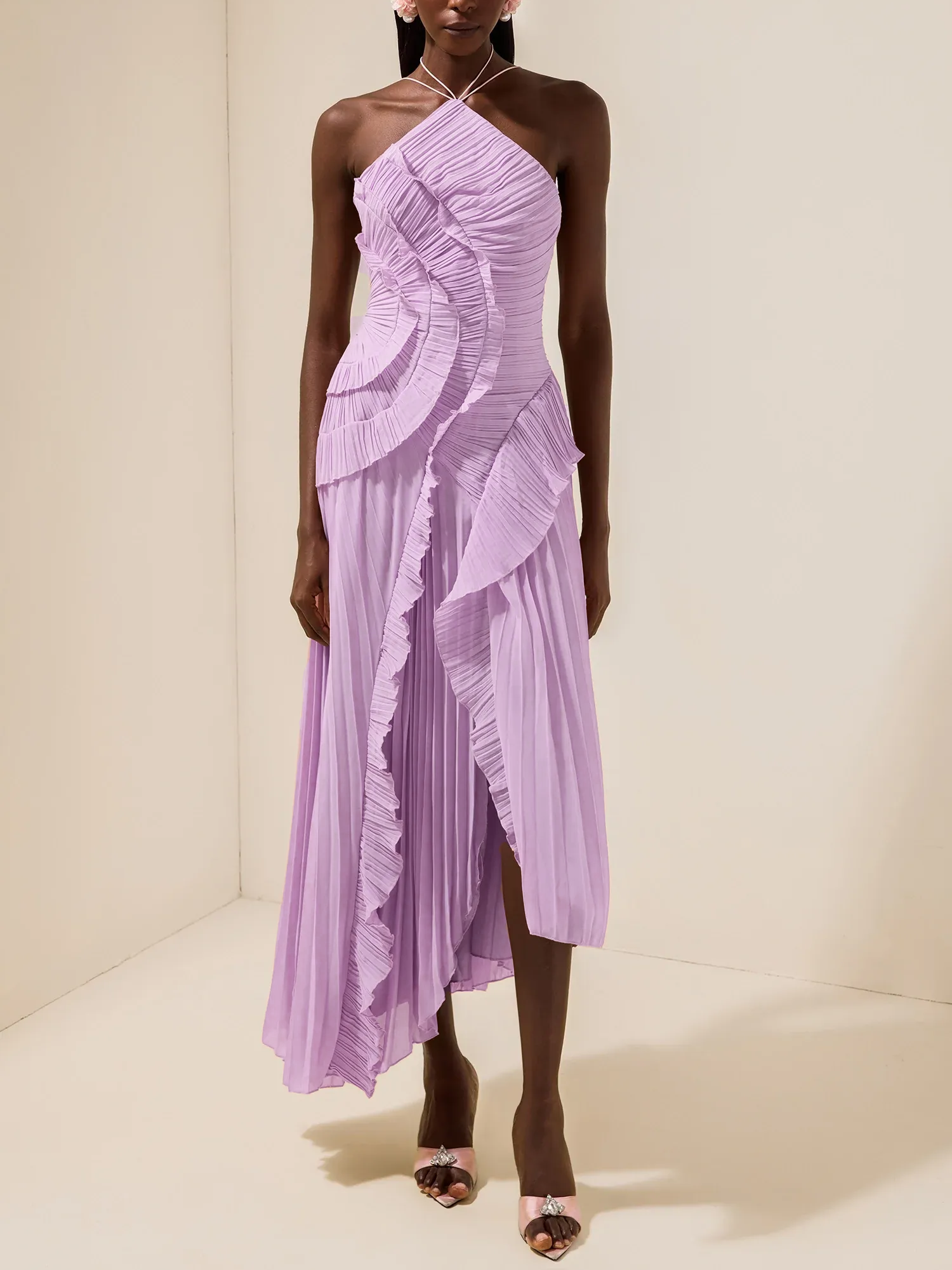 Elegant Sculptural Pleated Ruffled Maxi Dress