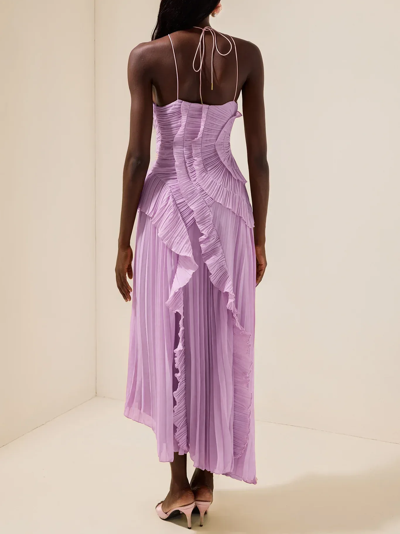 Elegant Sculptural Pleated Ruffled Maxi Dress