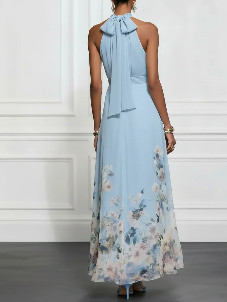 Floral Chiffon Halter Sleeveless Flowy A-Line Maxi Dress