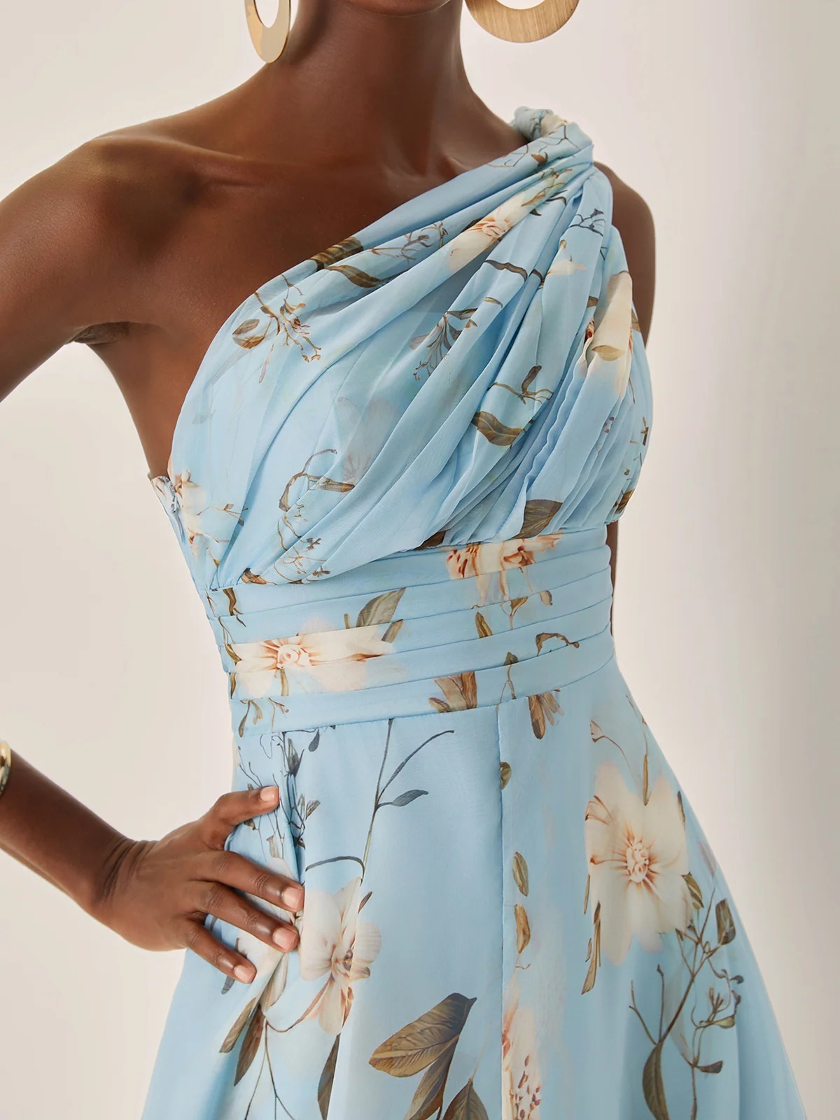 Floral Ruched Chiffon One Shoulder Sleeveless A-Line Maxi Dress