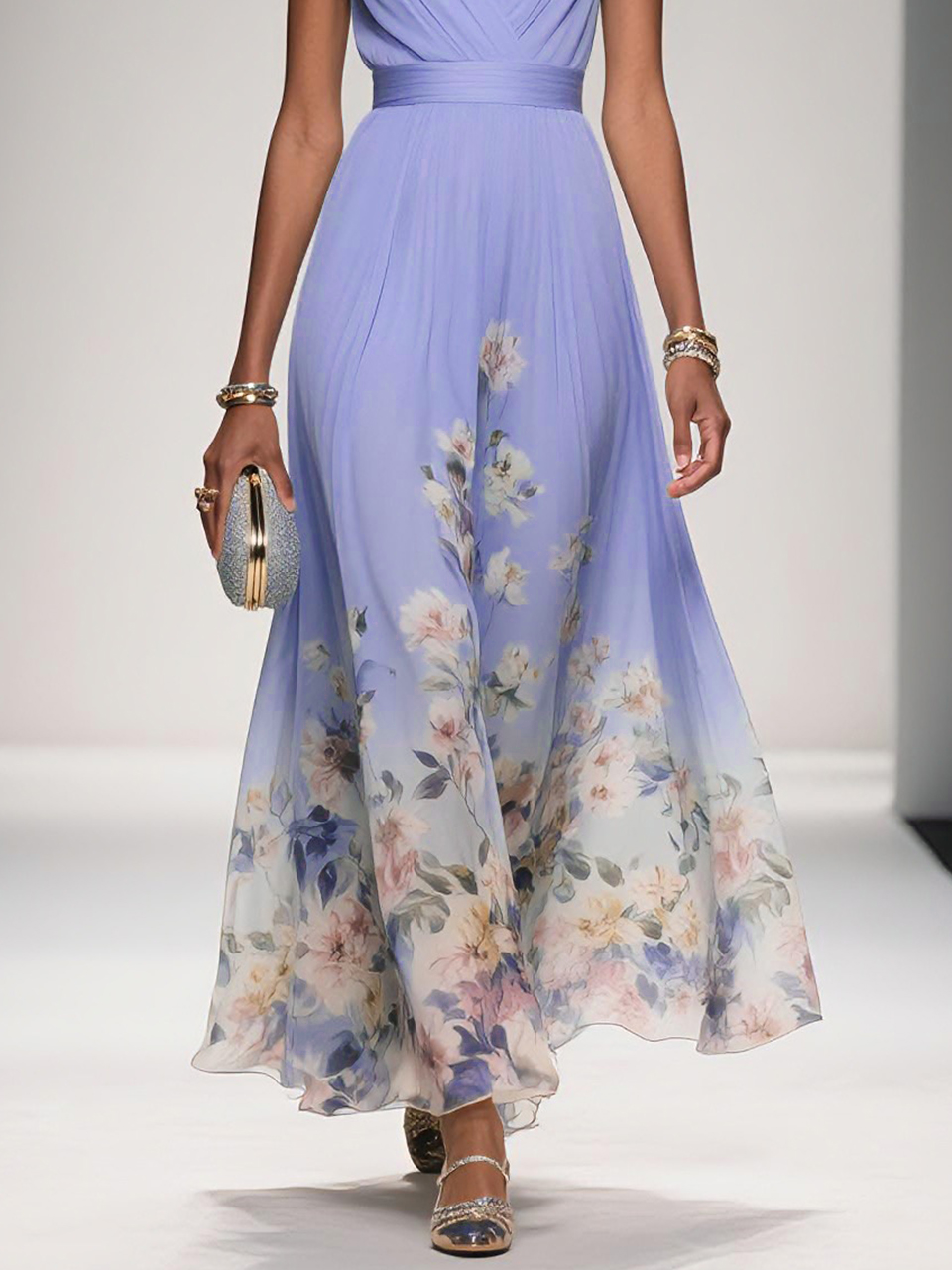 Floral Chiffon V Neck Sleeveless A-Line Flowy Maxi Dress