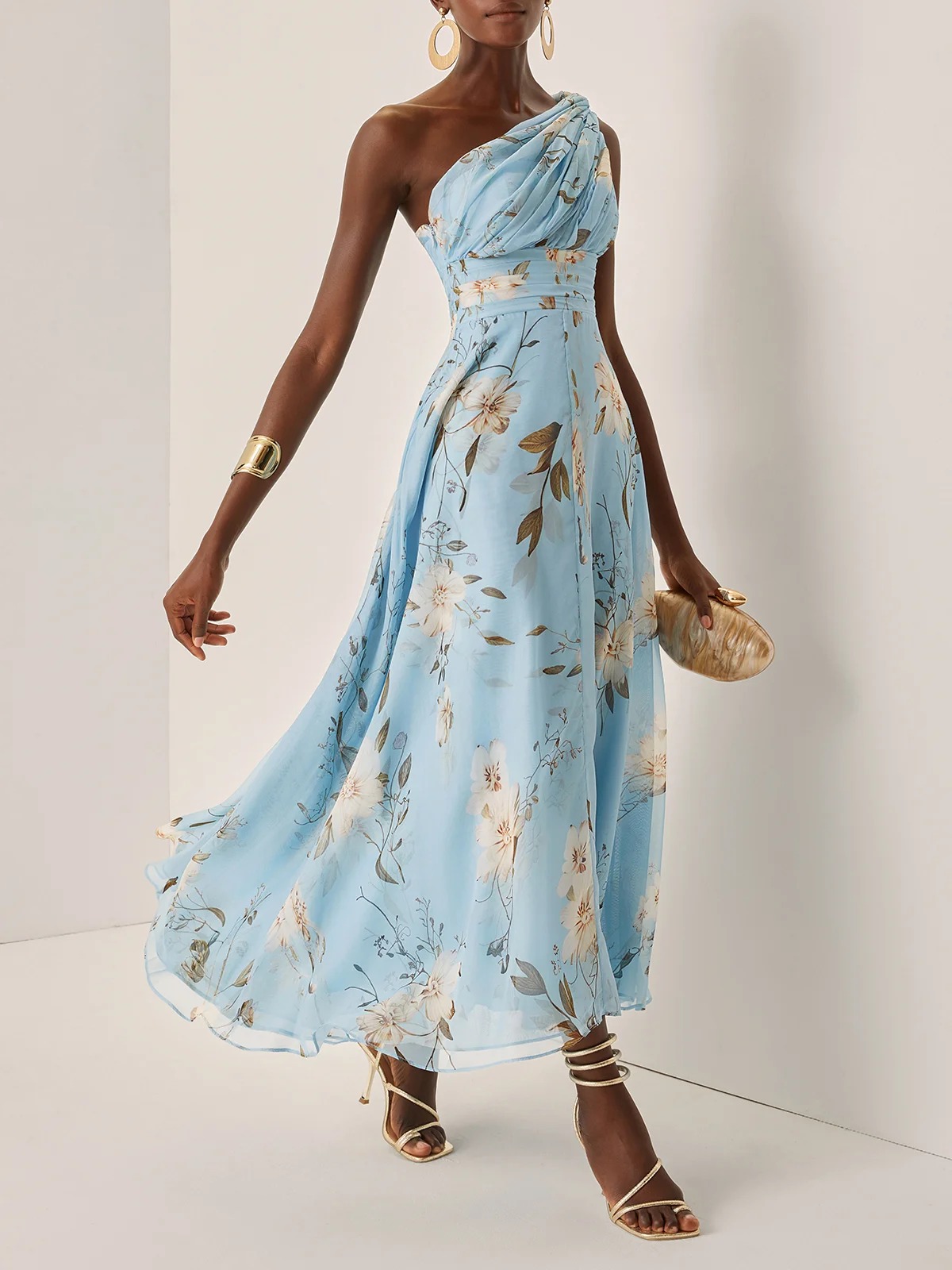 Floral Ruched Chiffon One Shoulder Sleeveless A-Line Maxi Dress