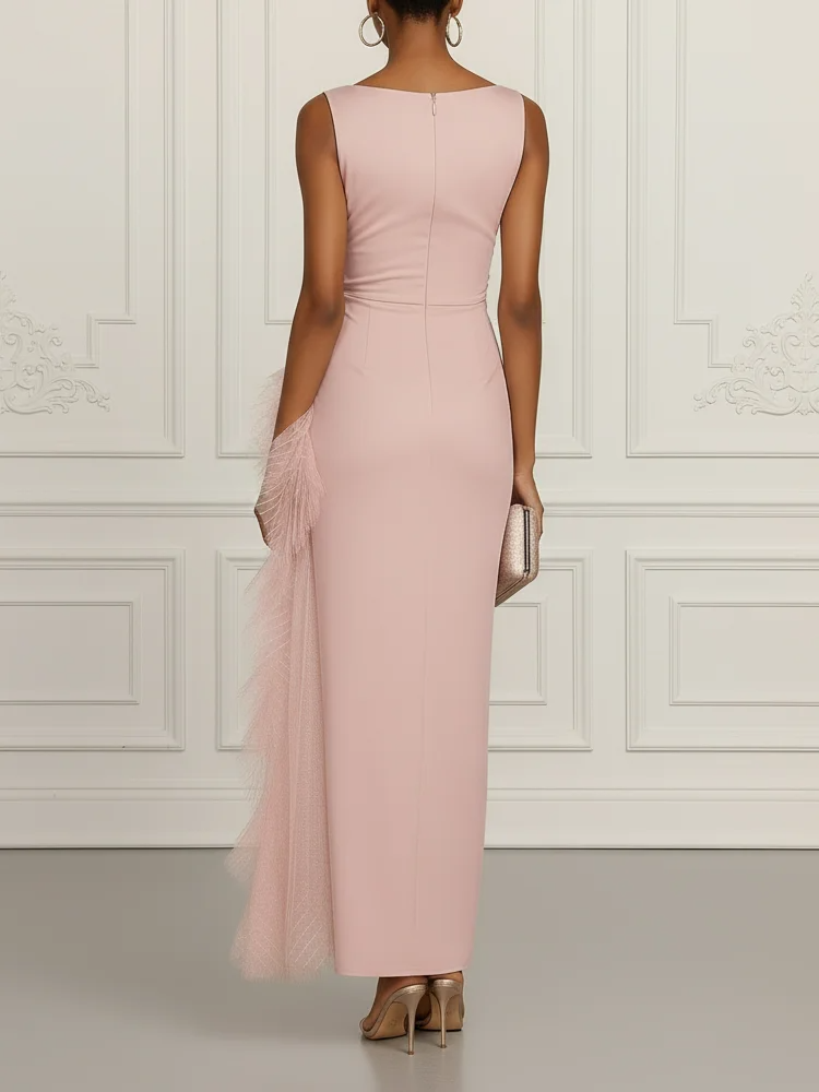 Mesh Ruched Knit Sleeveless Boat Neck Sheath Maxi Dress