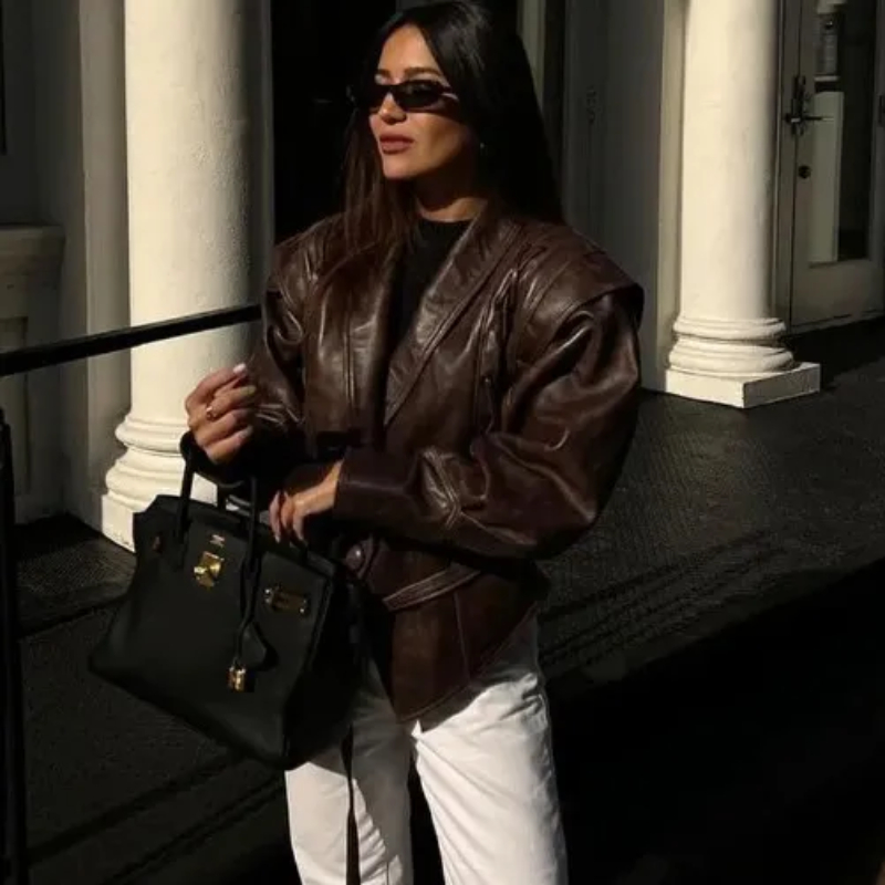 Woman's Faux Leather Lace-Up Detail Belted Cropped Jacket