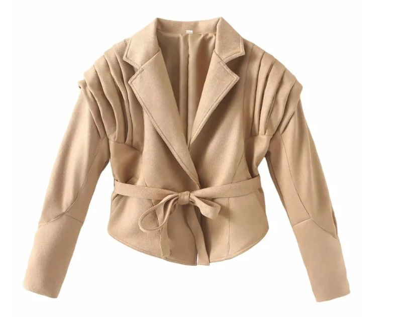 Woman's Faux Leather Lace-Up Detail Belted Cropped Jacket