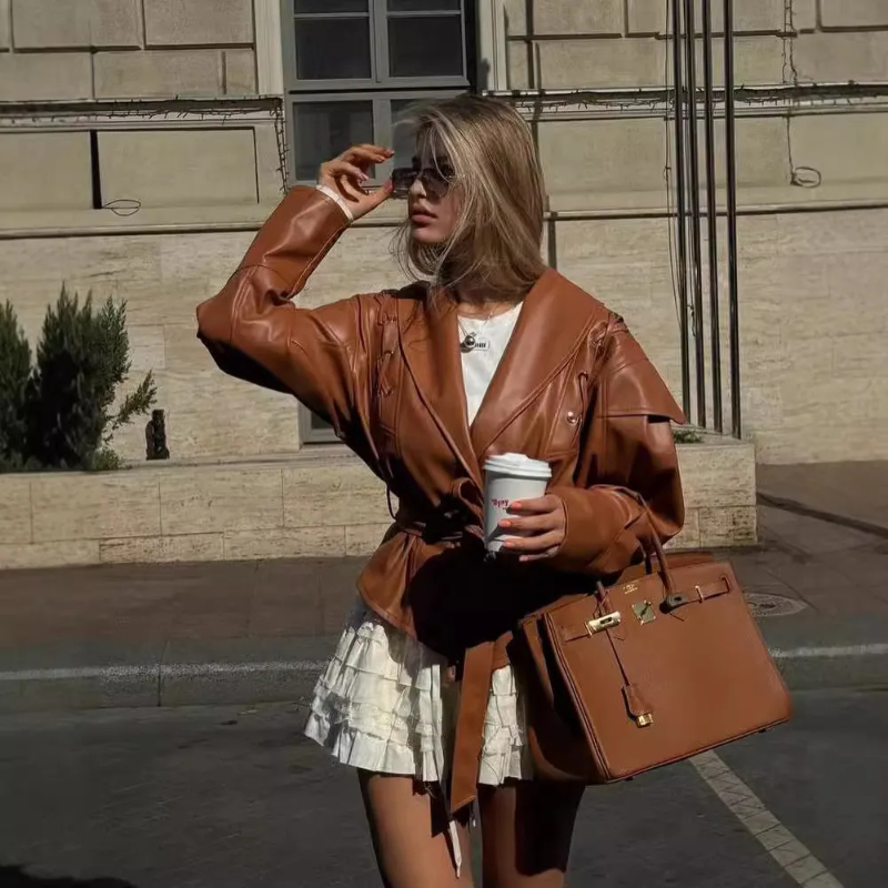 Woman's Faux Leather Lace-Up Detail Belted Cropped Jacket