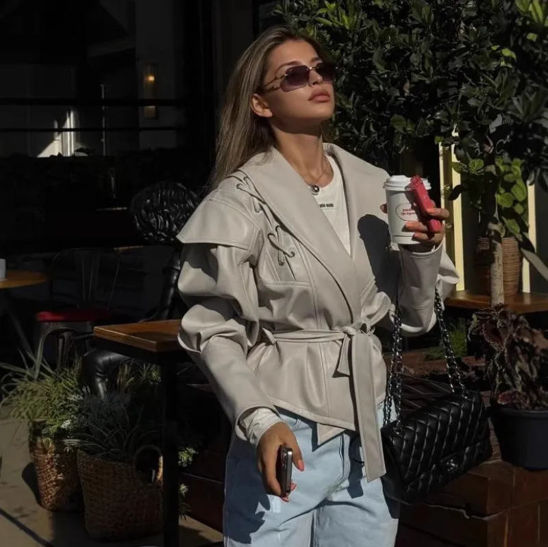 Woman's Faux Leather Lace-Up Detail Belted Cropped Jacket