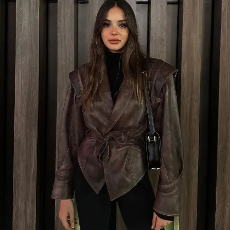 Woman's Faux Leather Lace-Up Detail Belted Cropped Jacket