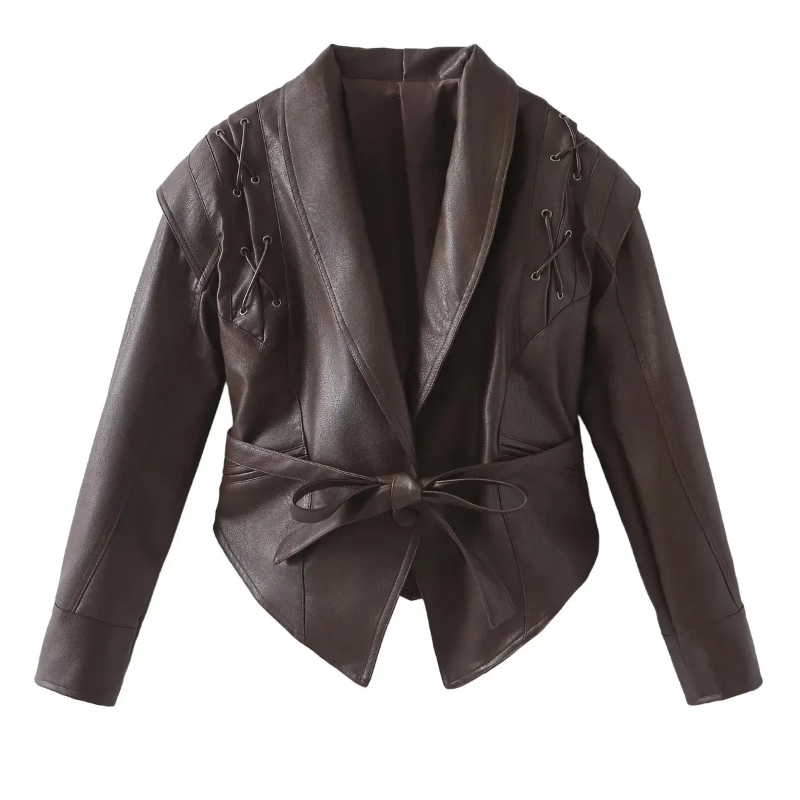 Woman's Faux Leather Lace-Up Detail Belted Cropped Jacket