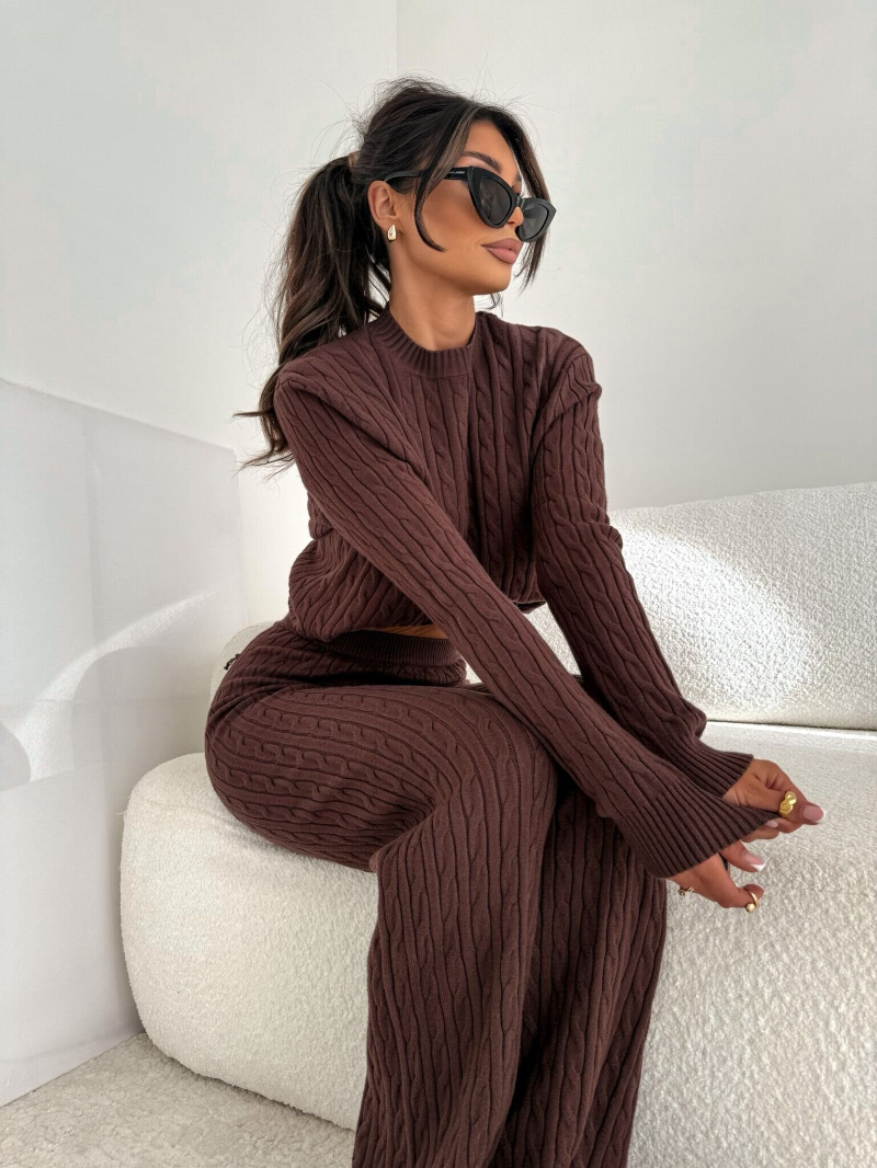 Woman's Cable Knit Co-ord Set with Cropped Sweater and Flared Pants