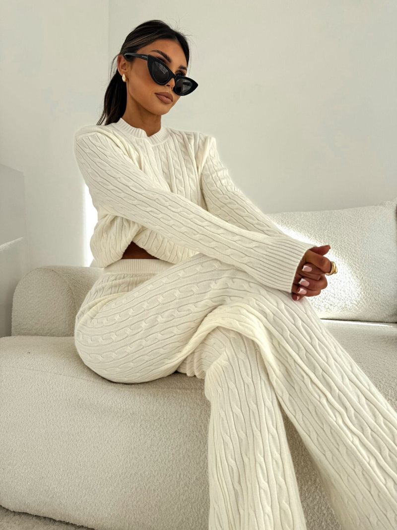 Woman's Cable Knit Co-ord Set with Cropped Sweater and Flared Pants