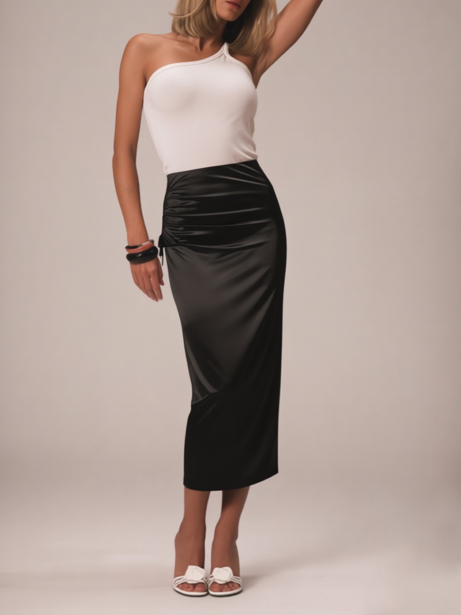 Women's Black Satin Midi Skirt - Ruched Detail & Back Slit