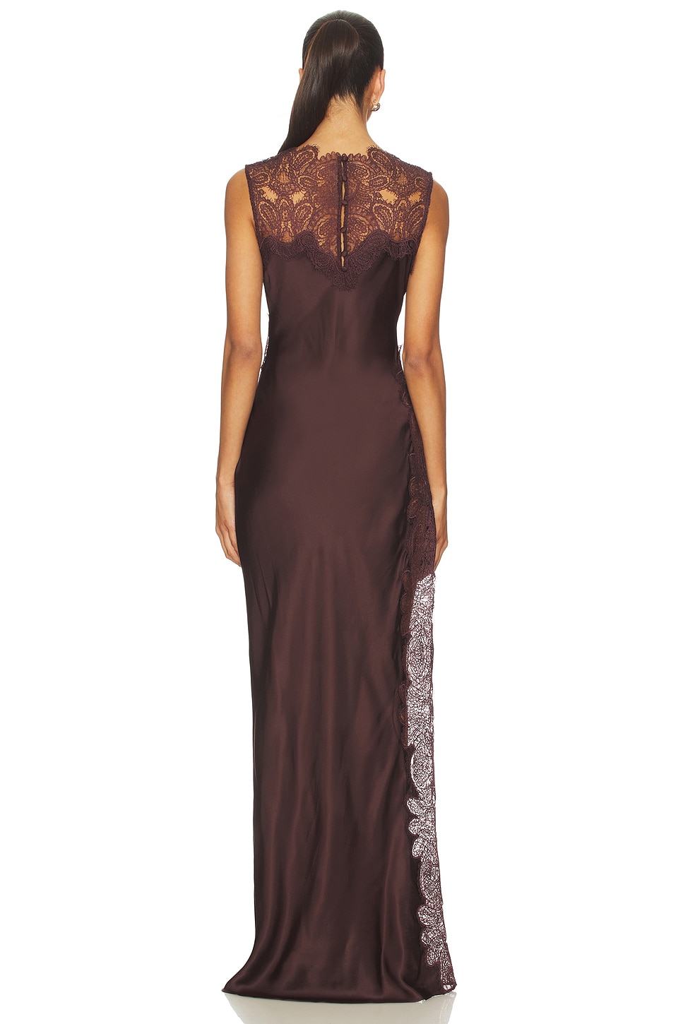High Neck Sleeveless Satin Lace Applique Slit Maxi Dress with Contrast Lining