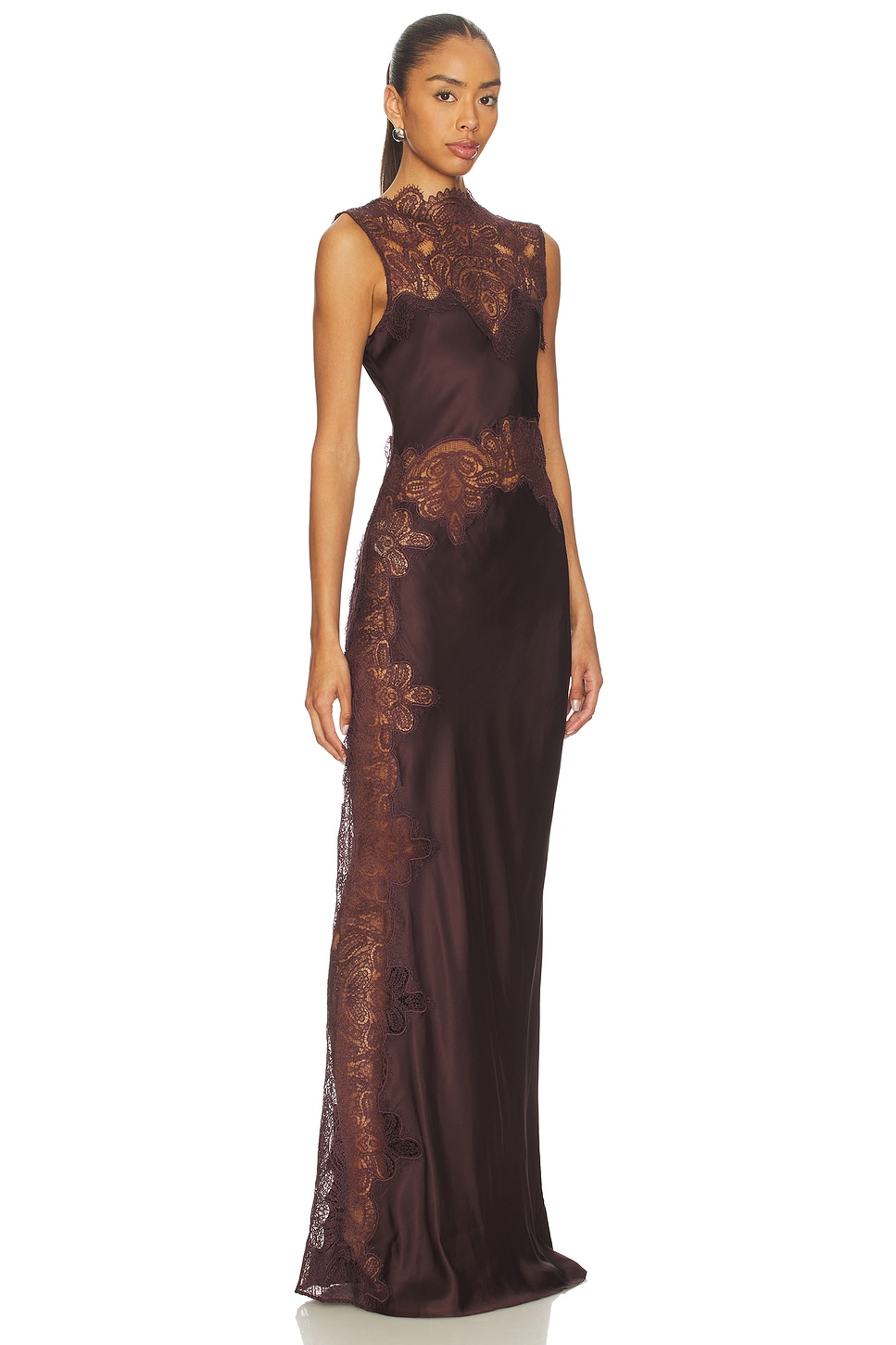 High Neck Sleeveless Satin Lace Applique Slit Maxi Dress with Contrast Lining