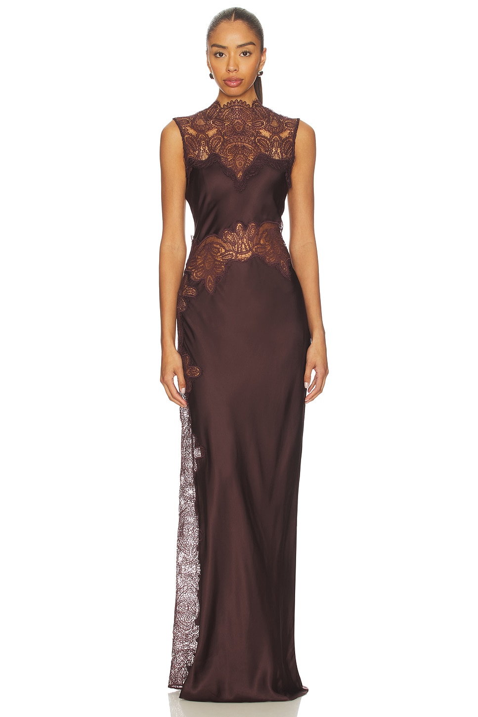 High Neck Sleeveless Satin Lace Applique Slit Maxi Dress with Contrast Lining