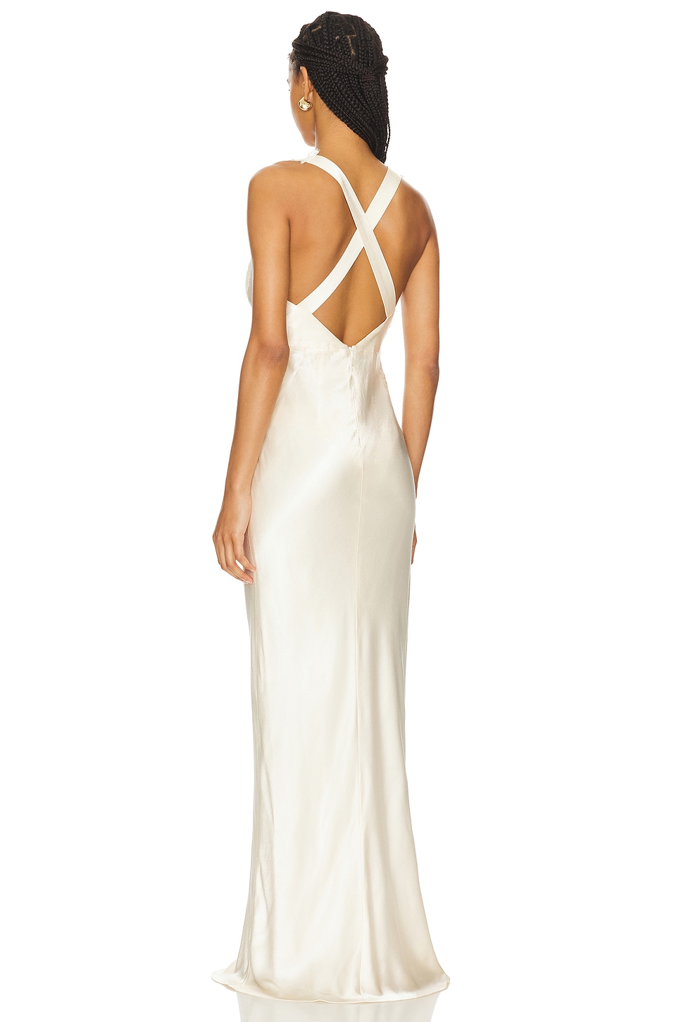 V-Neck Lace Cross Back Satin Dress Bodycon Floor-Length Gala Gown