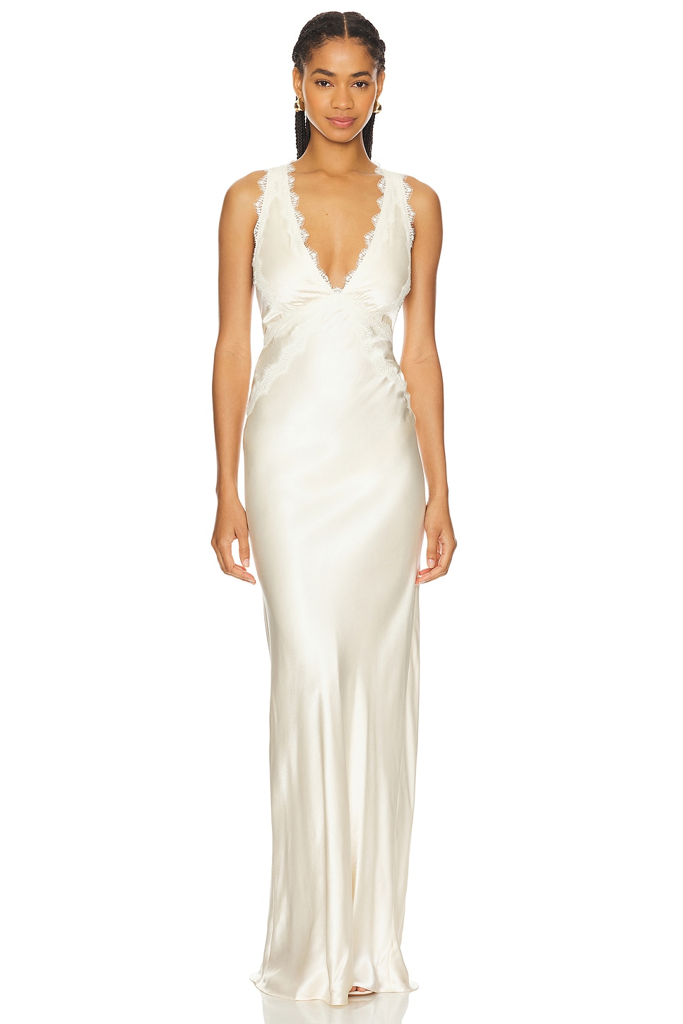V-Neck Lace Cross Back Satin Dress Bodycon Floor-Length Gala Gown