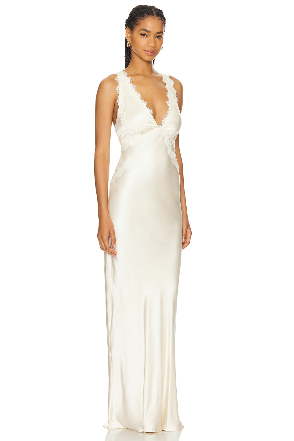 V-Neck Lace Cross Back Satin Dress Bodycon Floor-Length Gala Gown