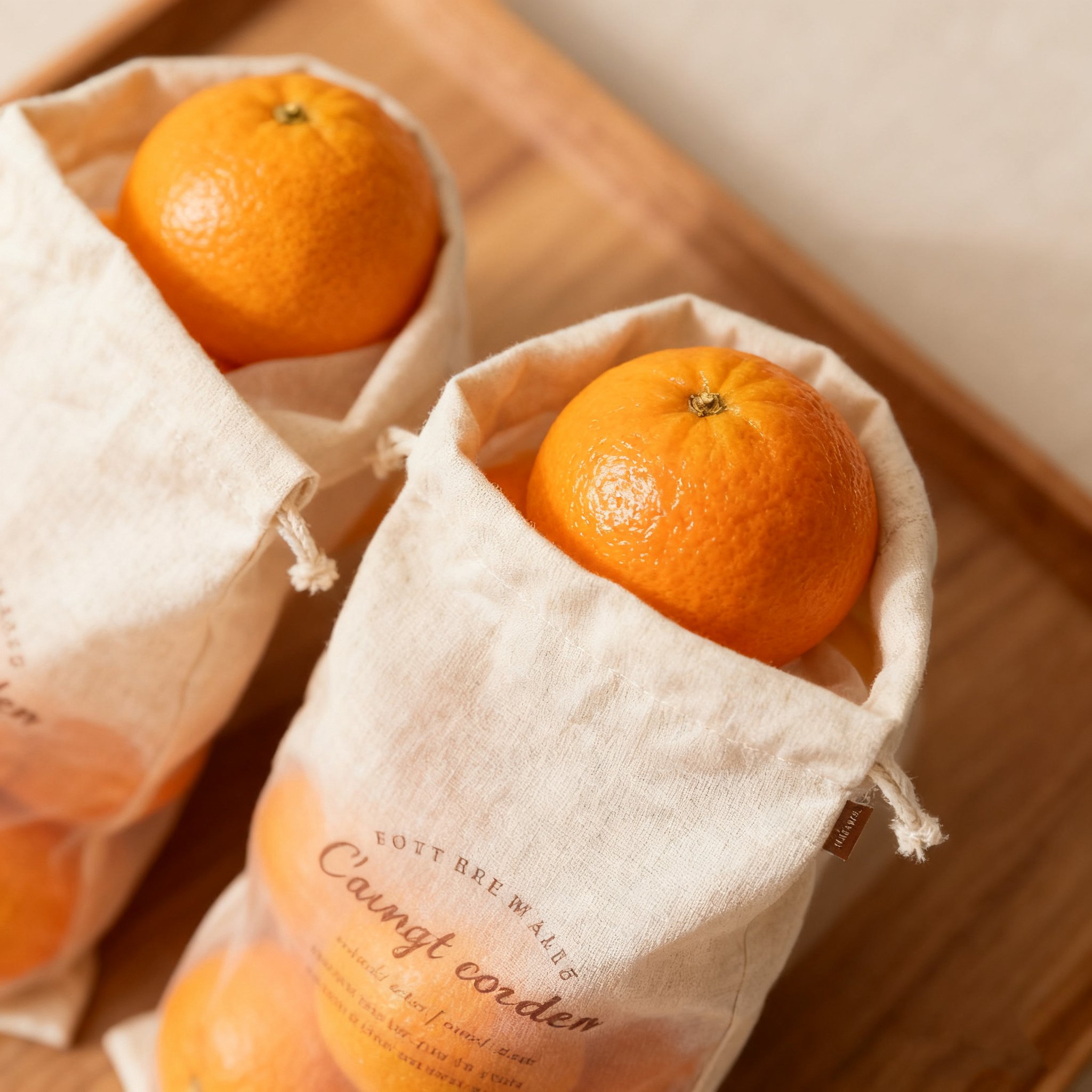 Freshly picked juicy oranges in bags