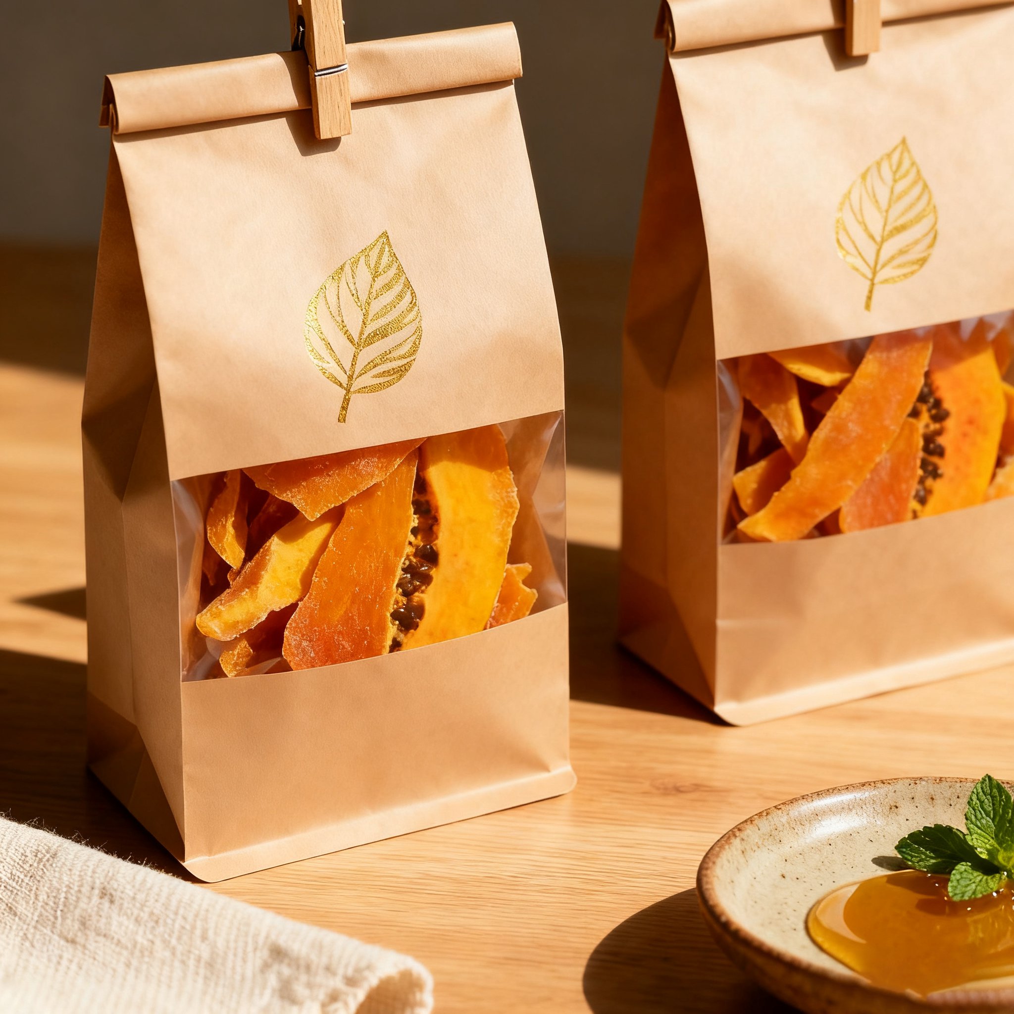 Closeup of dried papaya slices showing vibrant color and texture