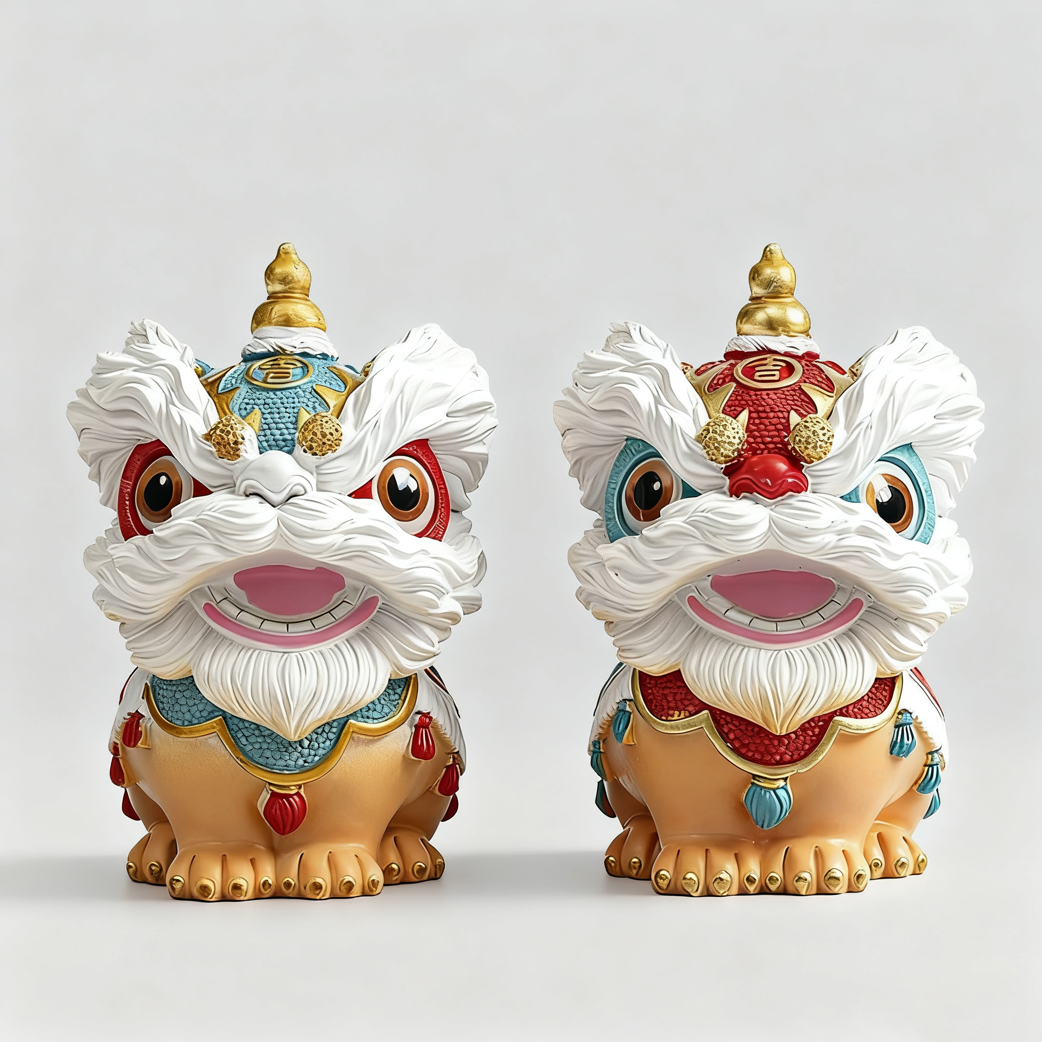Ein Paar glückverheißende Drachen- und Löwenornamente, die Glück bringen